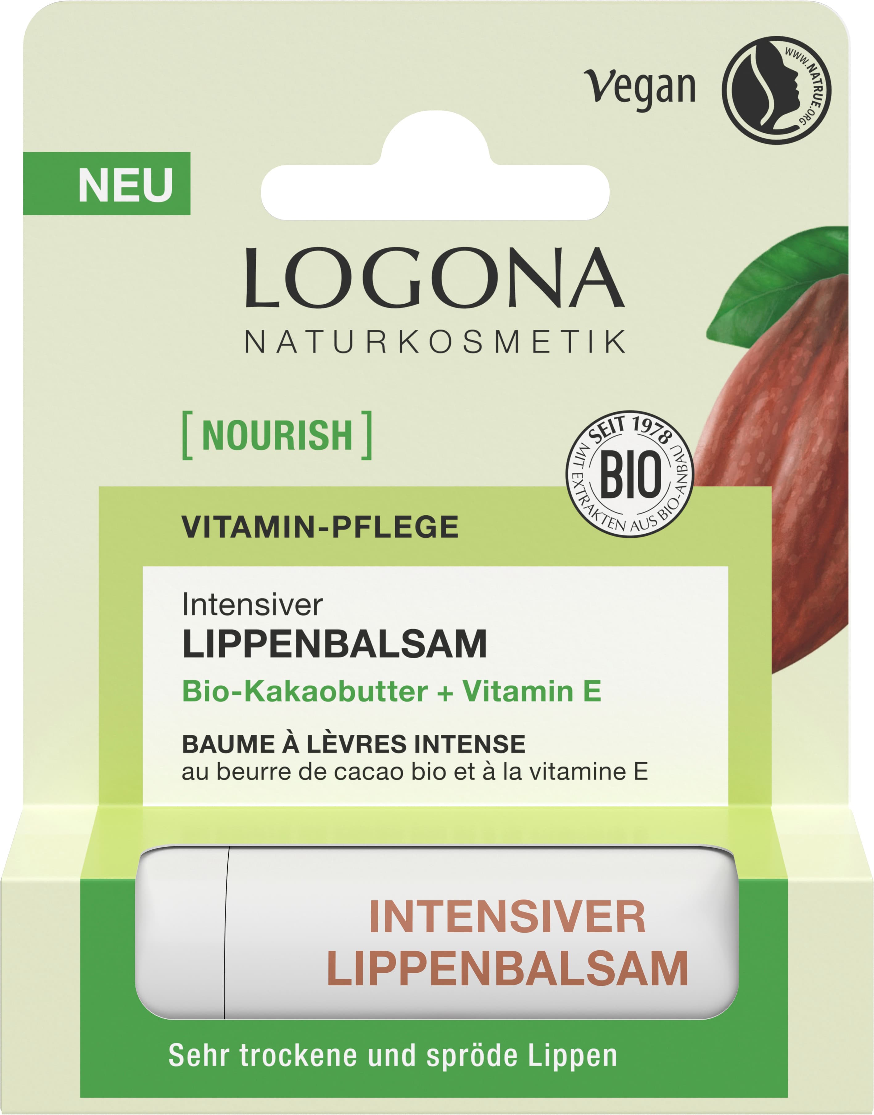 Intenzívny balzam na pery NOURISH s organickým kakaovým maslom a Vitamín E