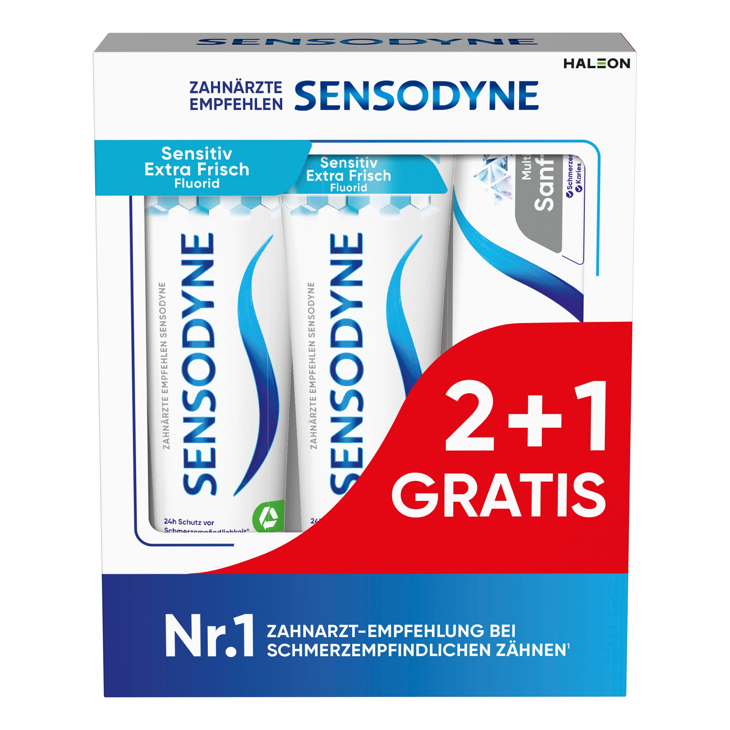 Sensodyne Zahncreme Sensitiv Extra Frisch 2x75ml + MultiCare Sanftweiß 1x75ml