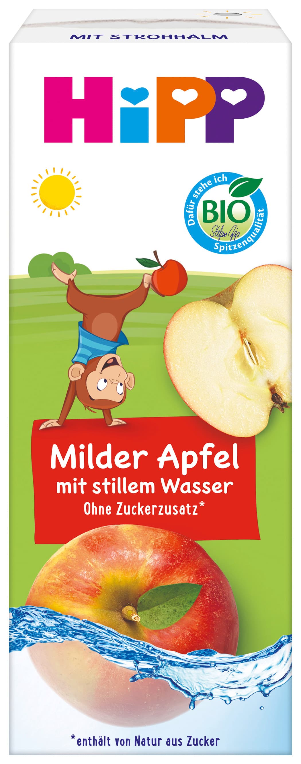 HiPP Bio Kindergetränk mit Trinkhalm 200 ml – Tetrapak: Milder Apfel mit stillem Wasser