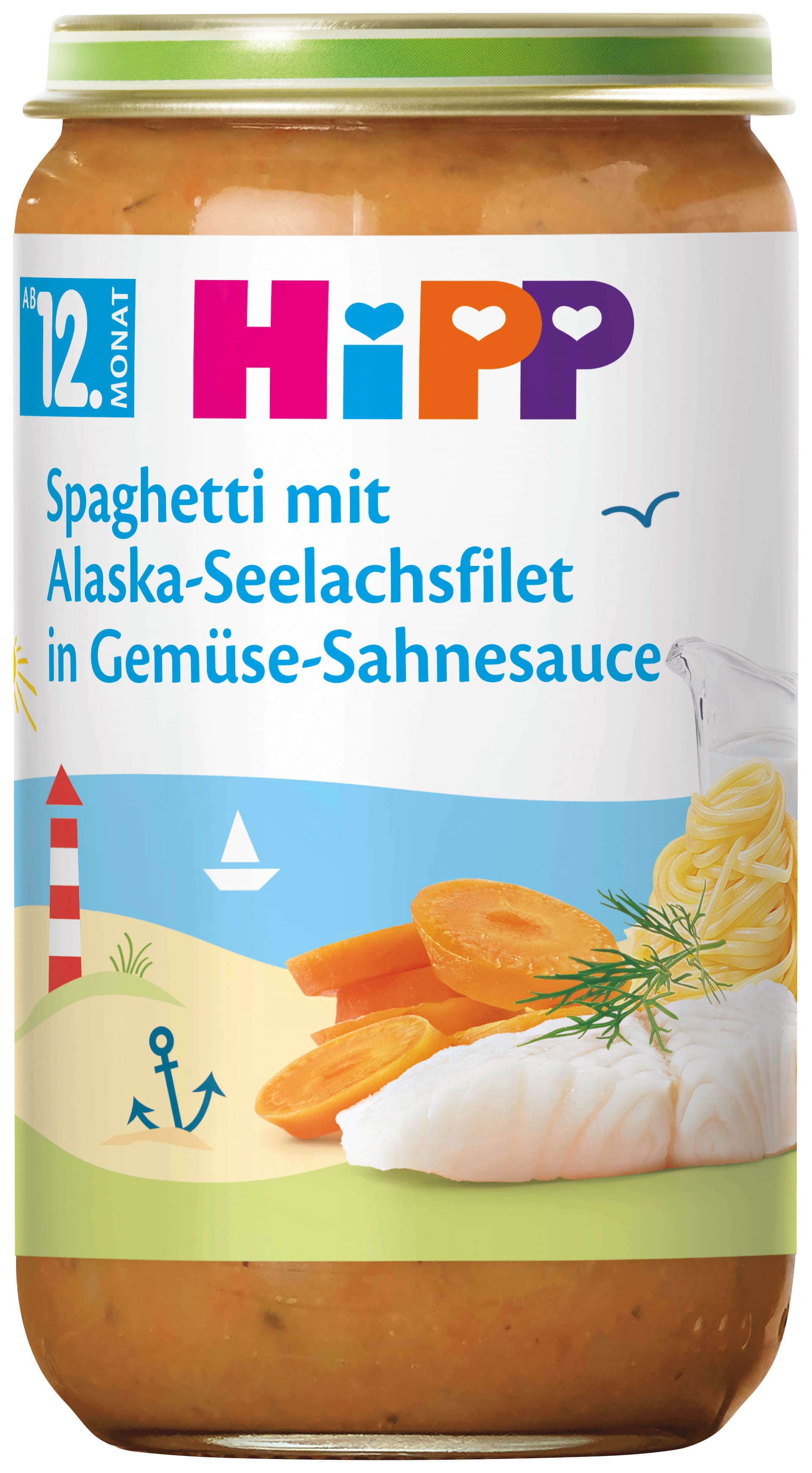 HiPP Menüs: Spaghetti mit Alaska-Seelachsfilet in Gemüse-Sahnesauce