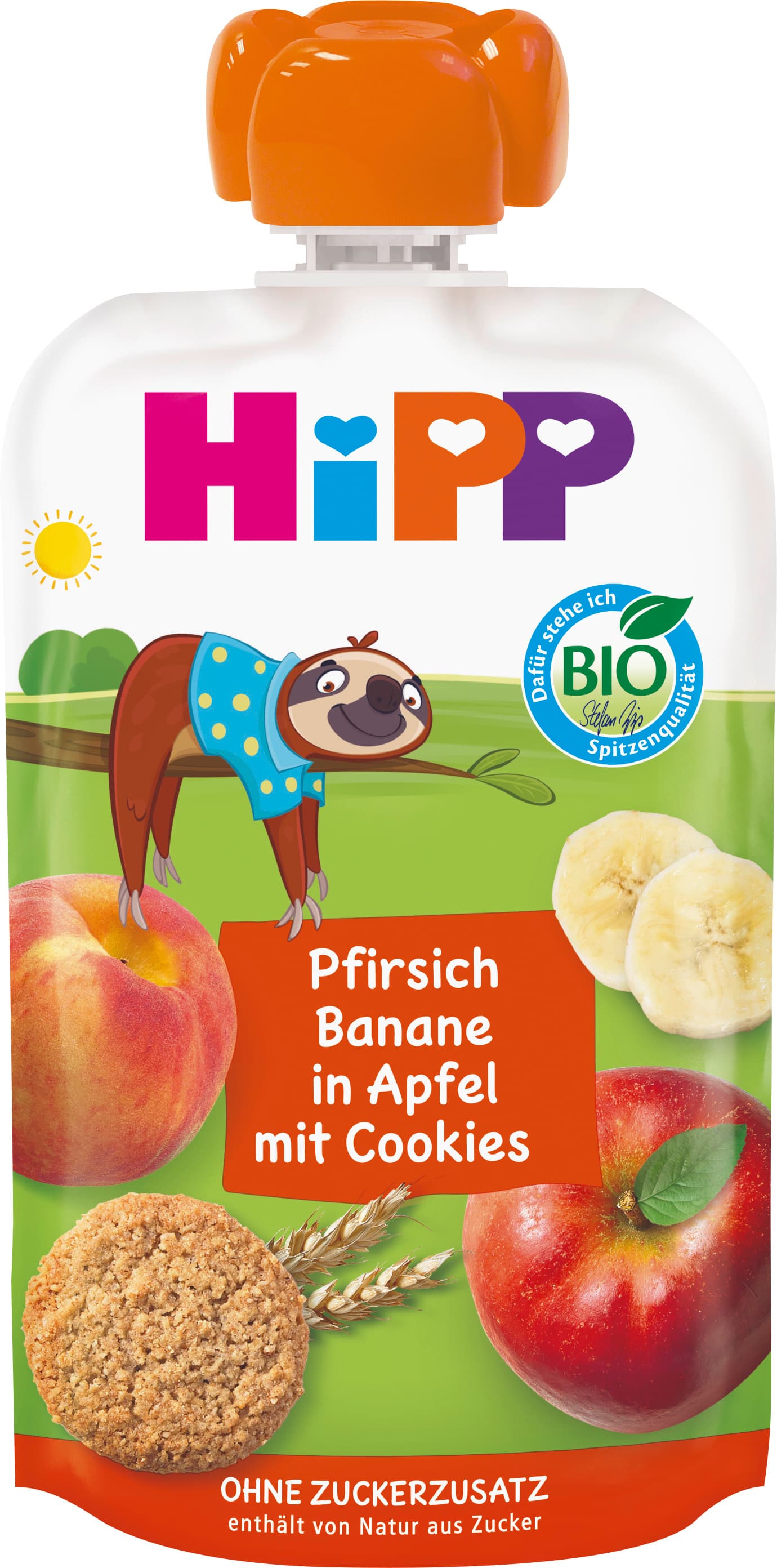 HiPP Bio für Kinder HiPPiS mit Vollkorn Pfirsich-Banane in Apfel mit Cookies