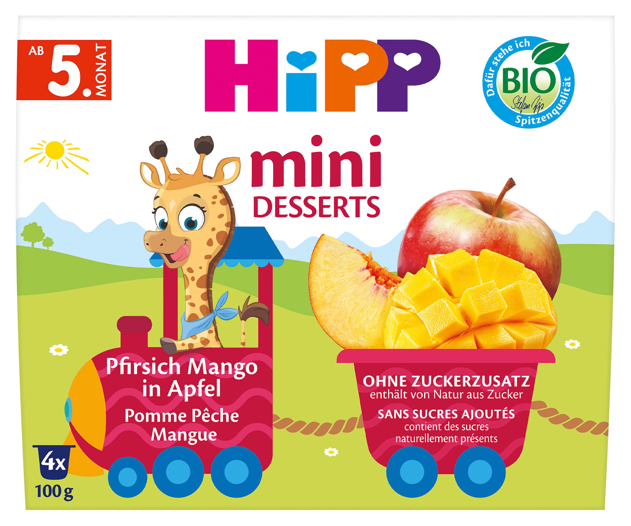 HiPP Bio Mini Desserts im Becher Pfirsich Mango in Apfel