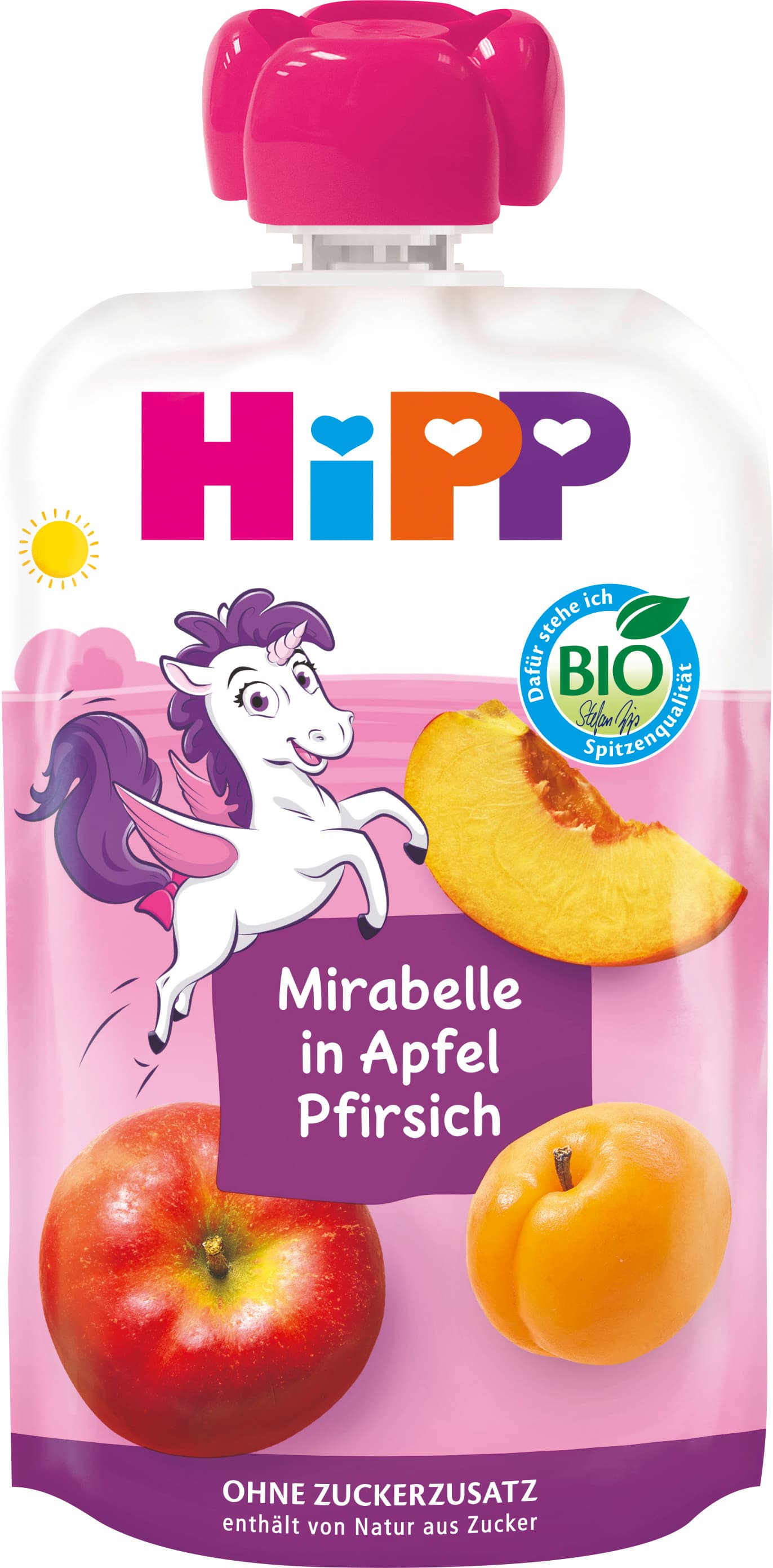 HiPP HiPPis im Quetschbeutel: Mirabelle in Apfel-Pfirsich - ohne Zuckerzusatz