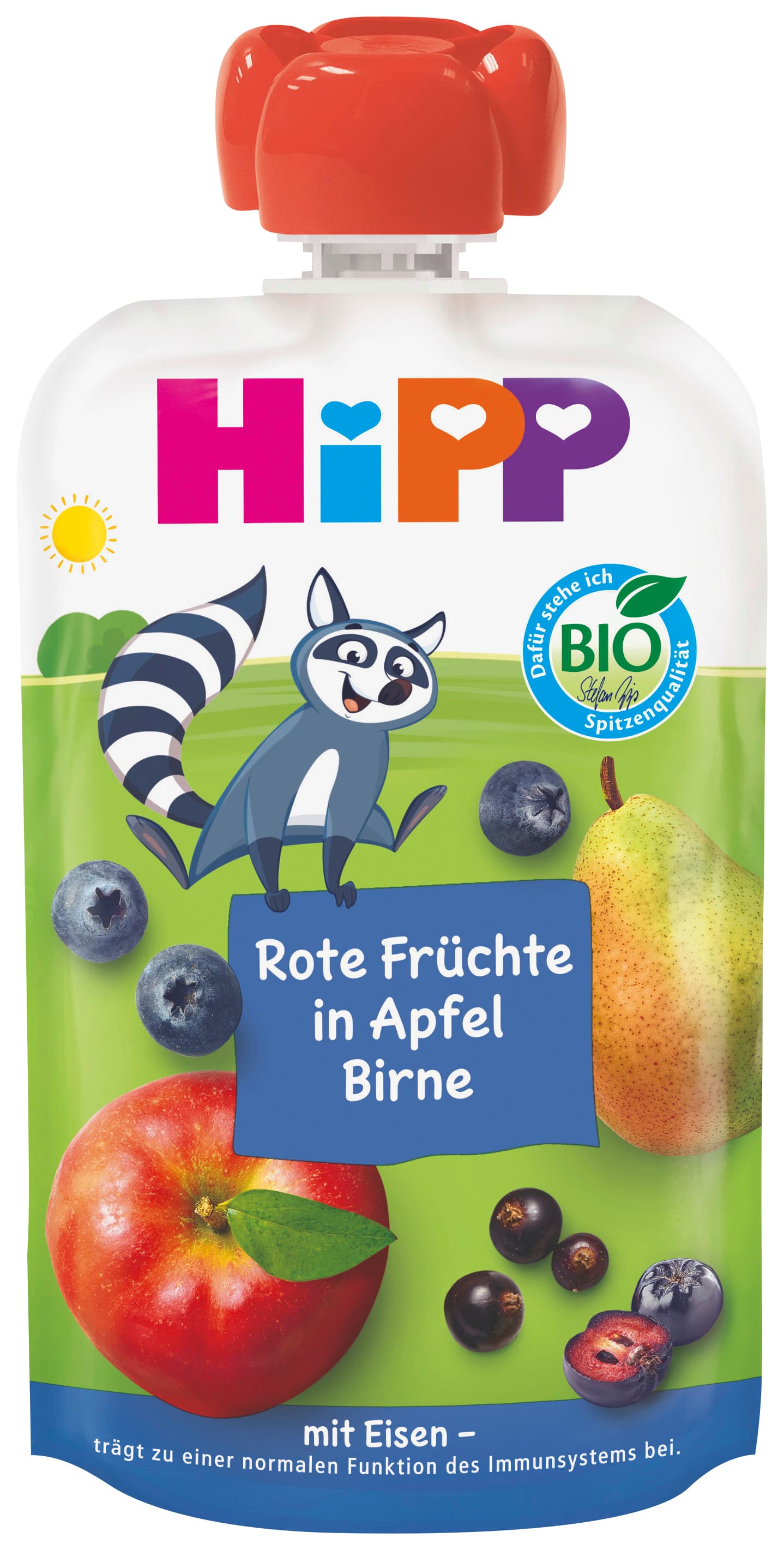 HiPP Bio für Kinder HiPPiS Frucht Plus Rote Früchte in Apfel Birne plus Eisen
