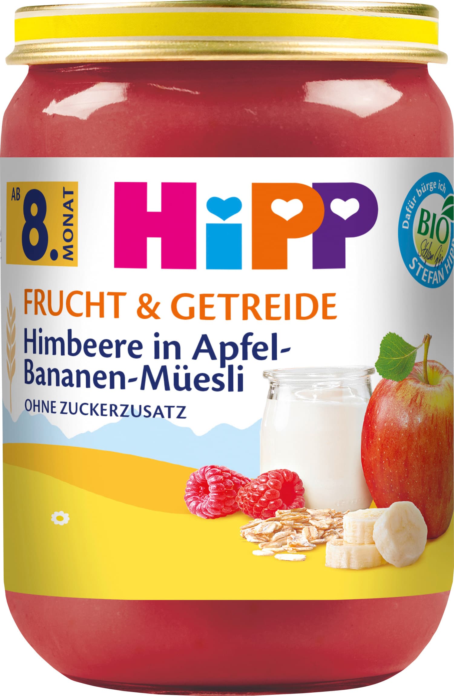 HiPP Frucht und Getreide: Himbeere in Apfel-Bananen-Müesli - ohne Zuckerzusatz