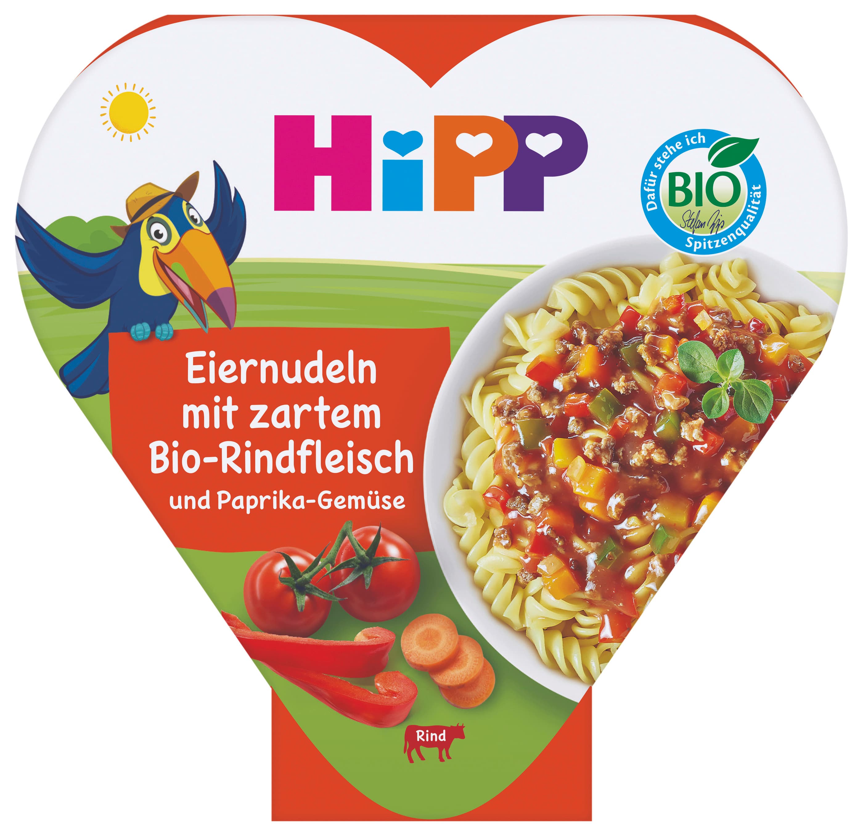 HiPP Bio Eiernudeln mit zartem Bio-Rindfleisch und Paprika-Gemüse