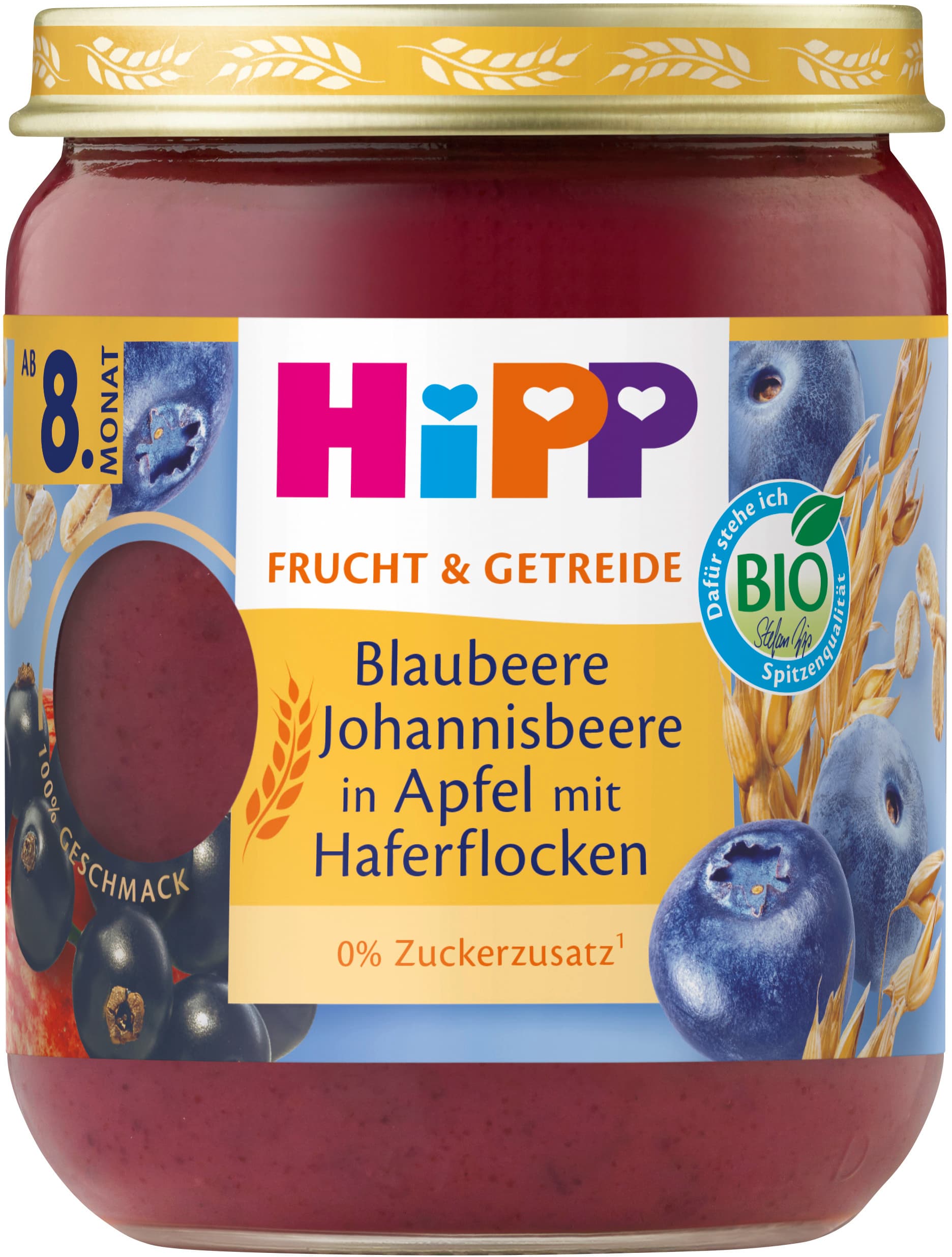 HiPP Bio Frucht und Getreide Blaubeere Johannisbeere in Apfel mit Haferflocken