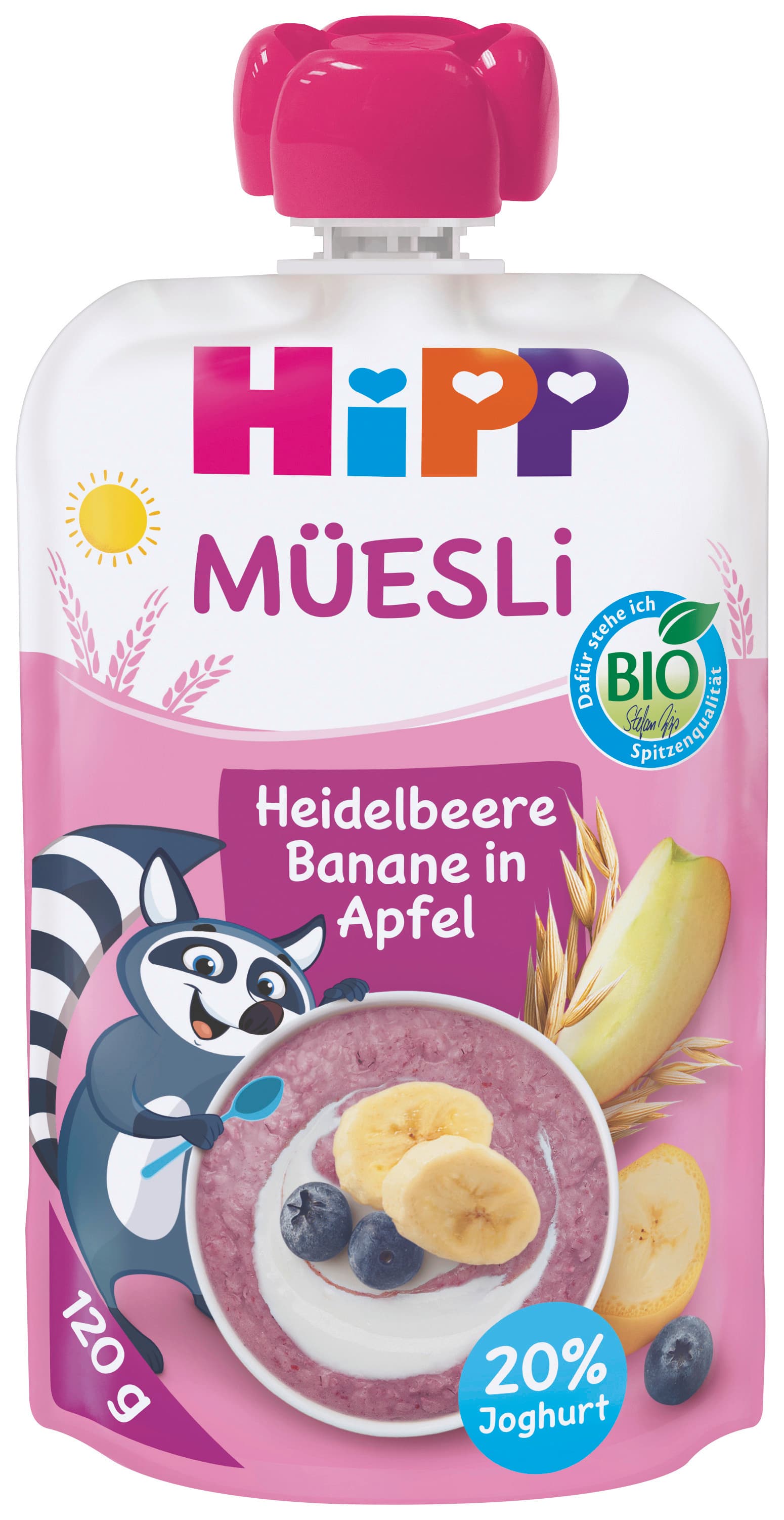 HiPP Bio müsli čučoriedka-banánová v jablku s jogurtom, stlačiteľné vrecko
