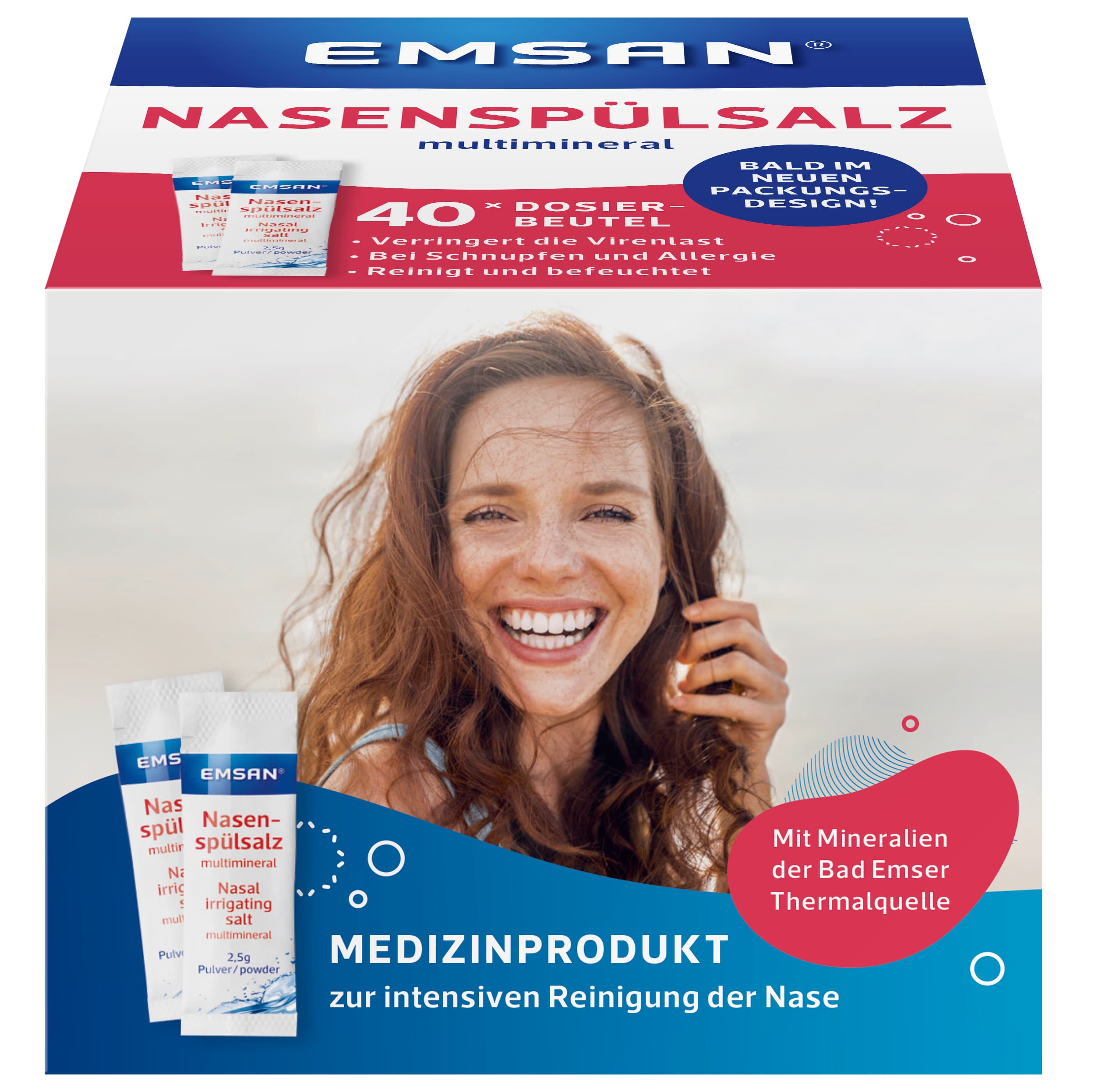 Emsan® Nasenspülsalz multimineral reinigt Ihre Nase auf gründliche und schonende Weise bei Schnupfen + Pollenallergie.