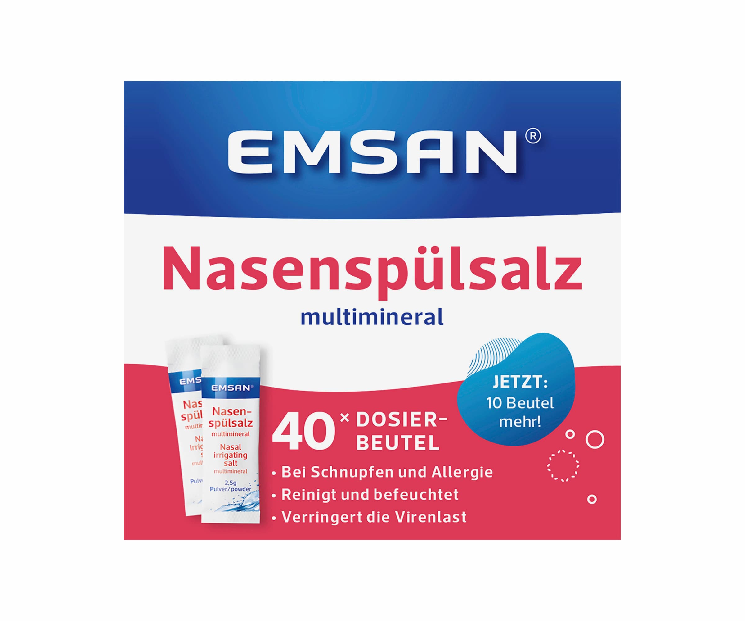 Emsan® Nasenspülsalz multimineral reinigt Ihre Nase auf gründliche und schonende Weise bei Schnupfen + Pollenallergie.