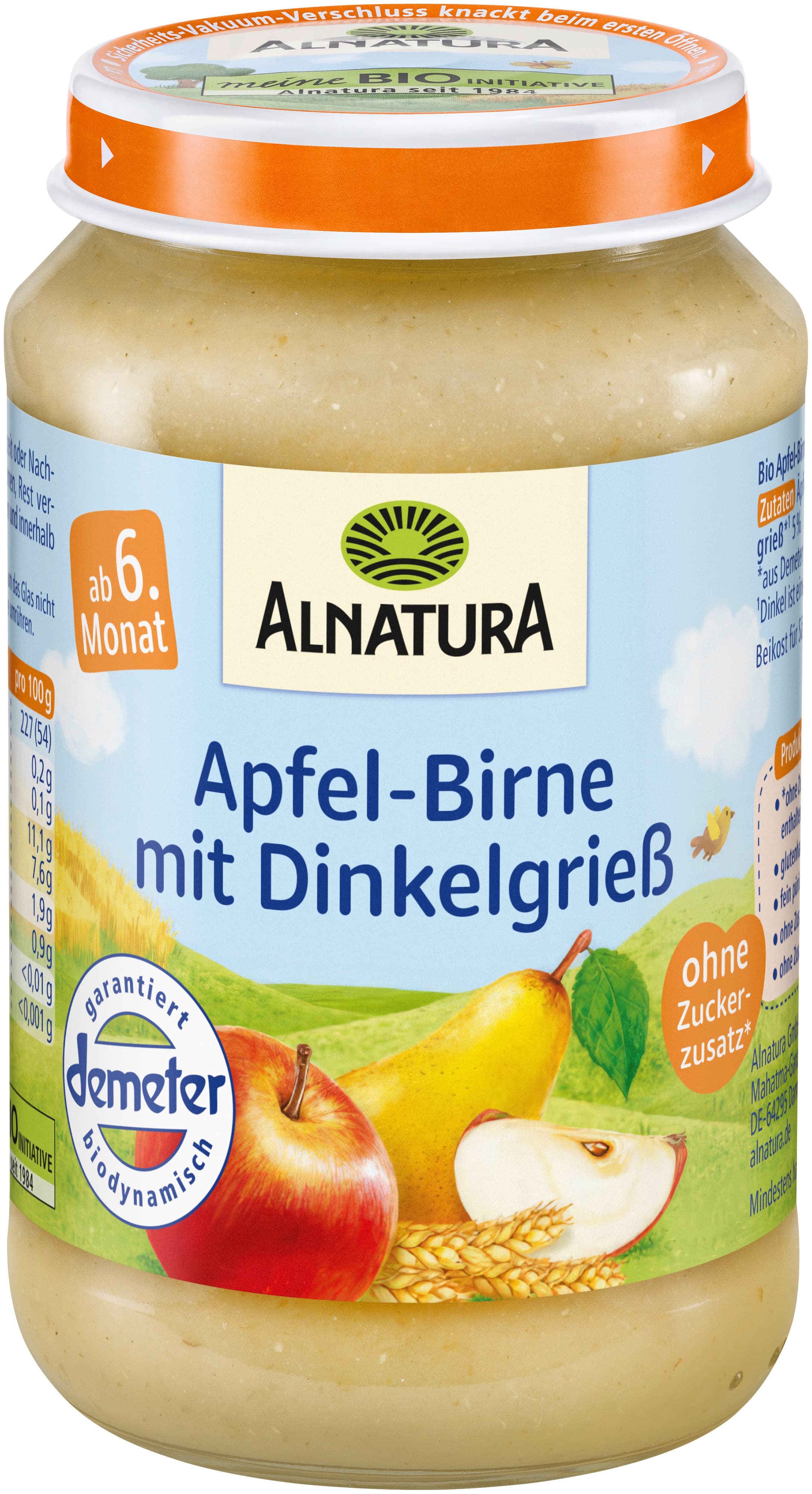 Alnatura Bio Apfel-Birne mit Dinkelgrieß, Babygläschen (nach 4. Mon.)