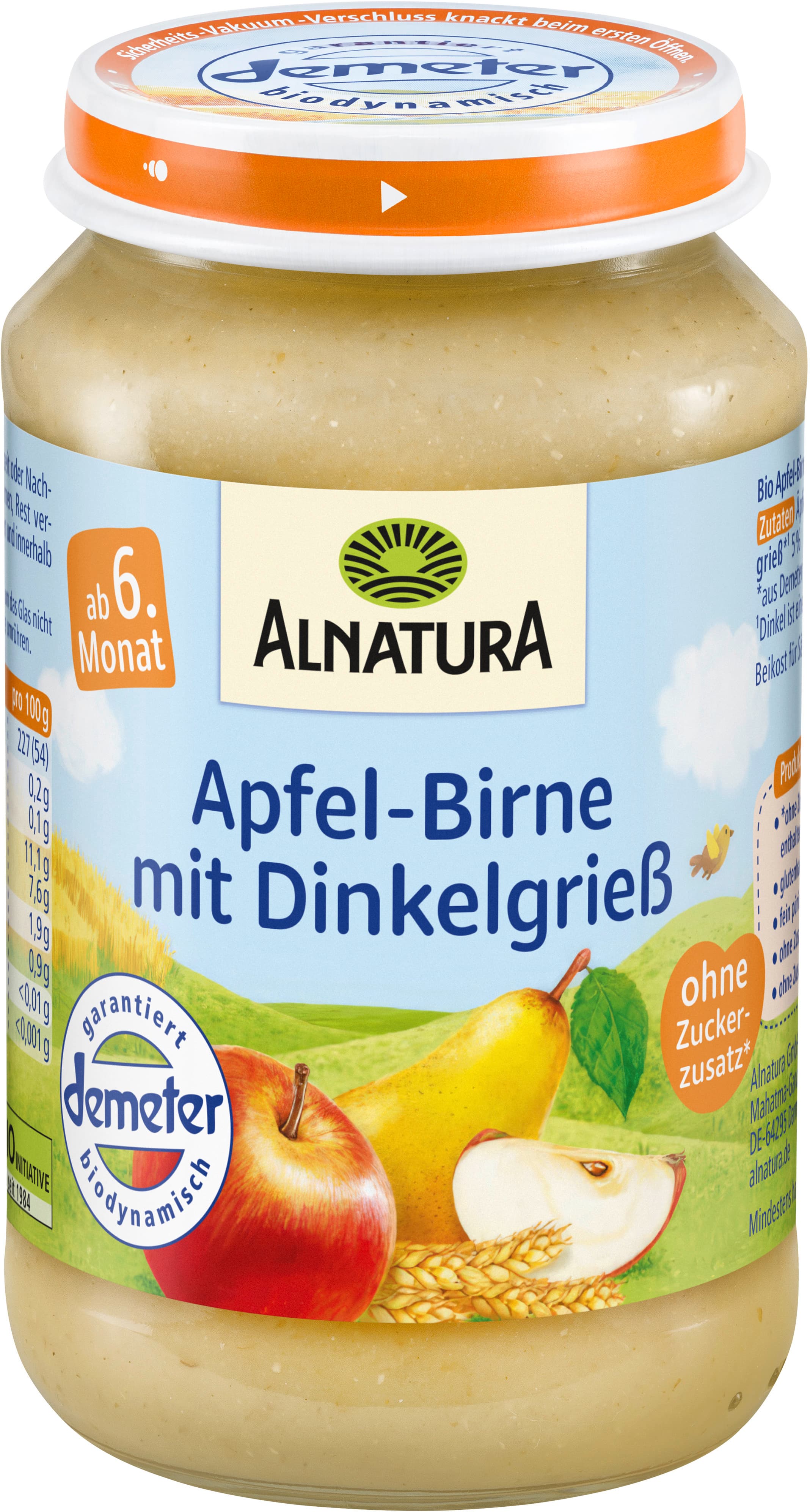 Alnatura Bio Apfel-Birne mit Dinkelgrieß, Babygläschen (nach 4. Mon.)