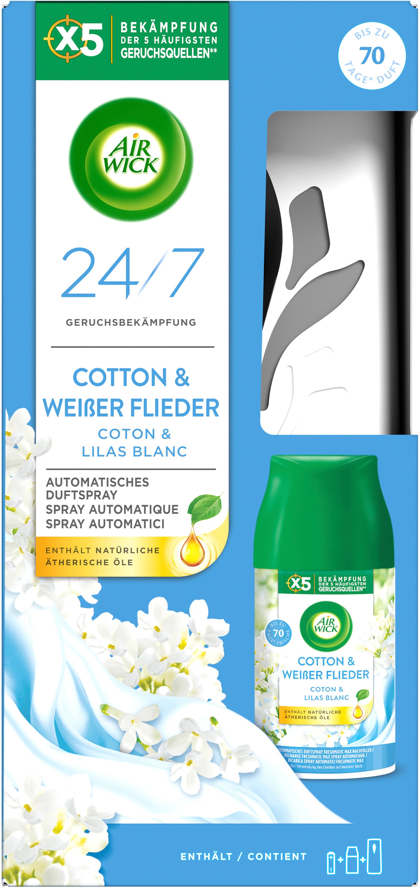 Air Wick Automatisches Duftspray Cotton & weißer Flieder Starter-Set