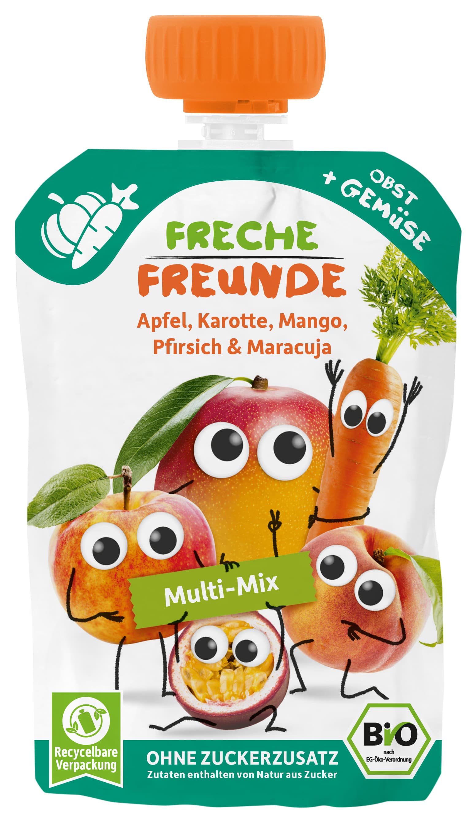Freche Freunde Bio Quetschie Multi Mix Apfel, Mango, Pfirsich, Maracuja mit Karotte