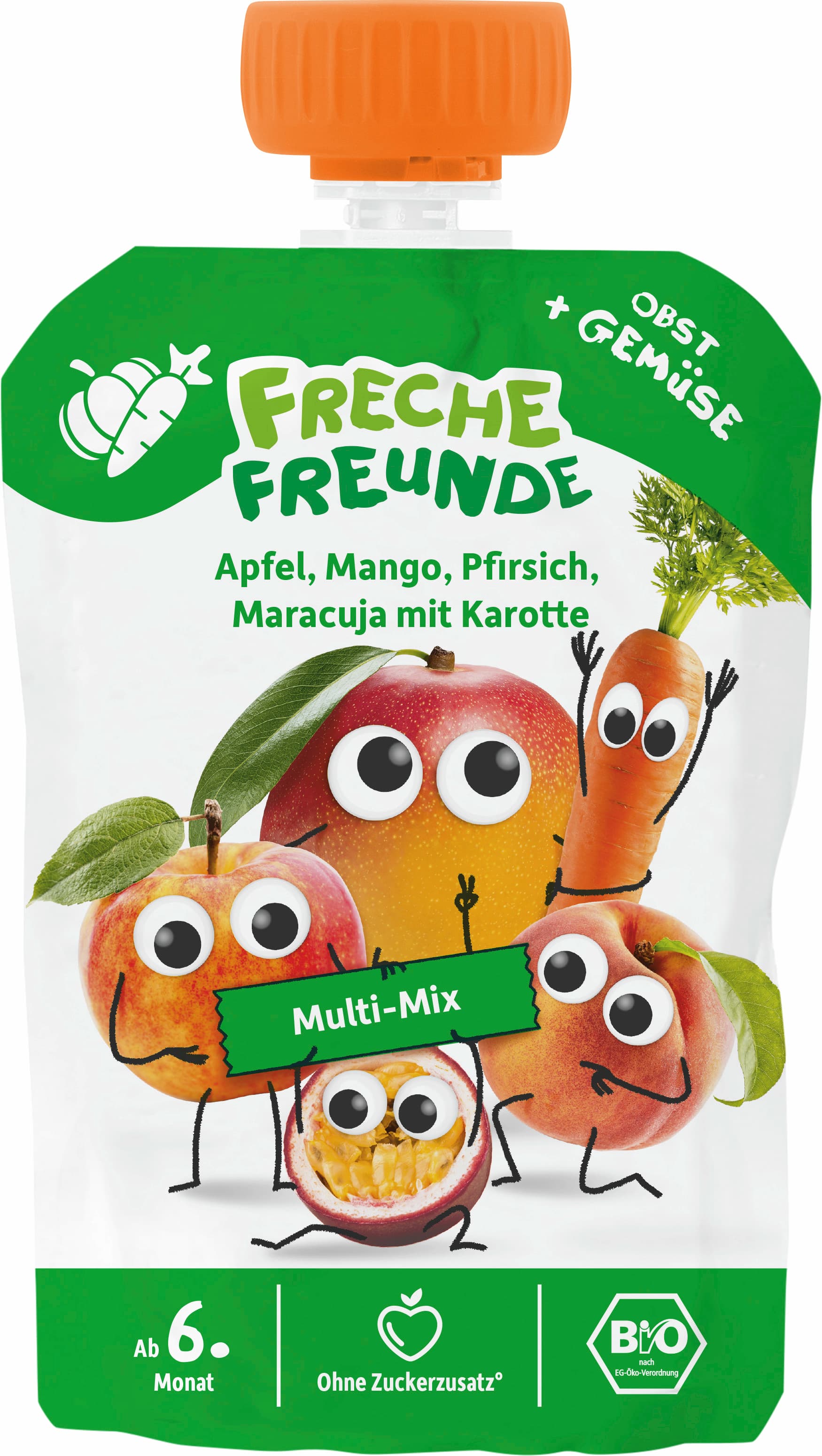Freche Freunde Bio Quetschie Multi Mix Apfel, Mango, Pfirsich, Maracuja mit Karotte