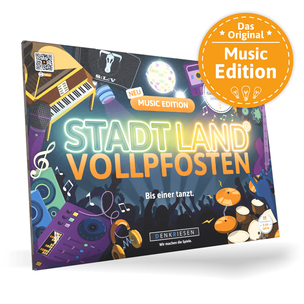 Denkriesen - Stadt Land Vollpfosten® Music Edition – Spielblock Partyspiel mit Musik Kategorien für Spieleabend & Freunde