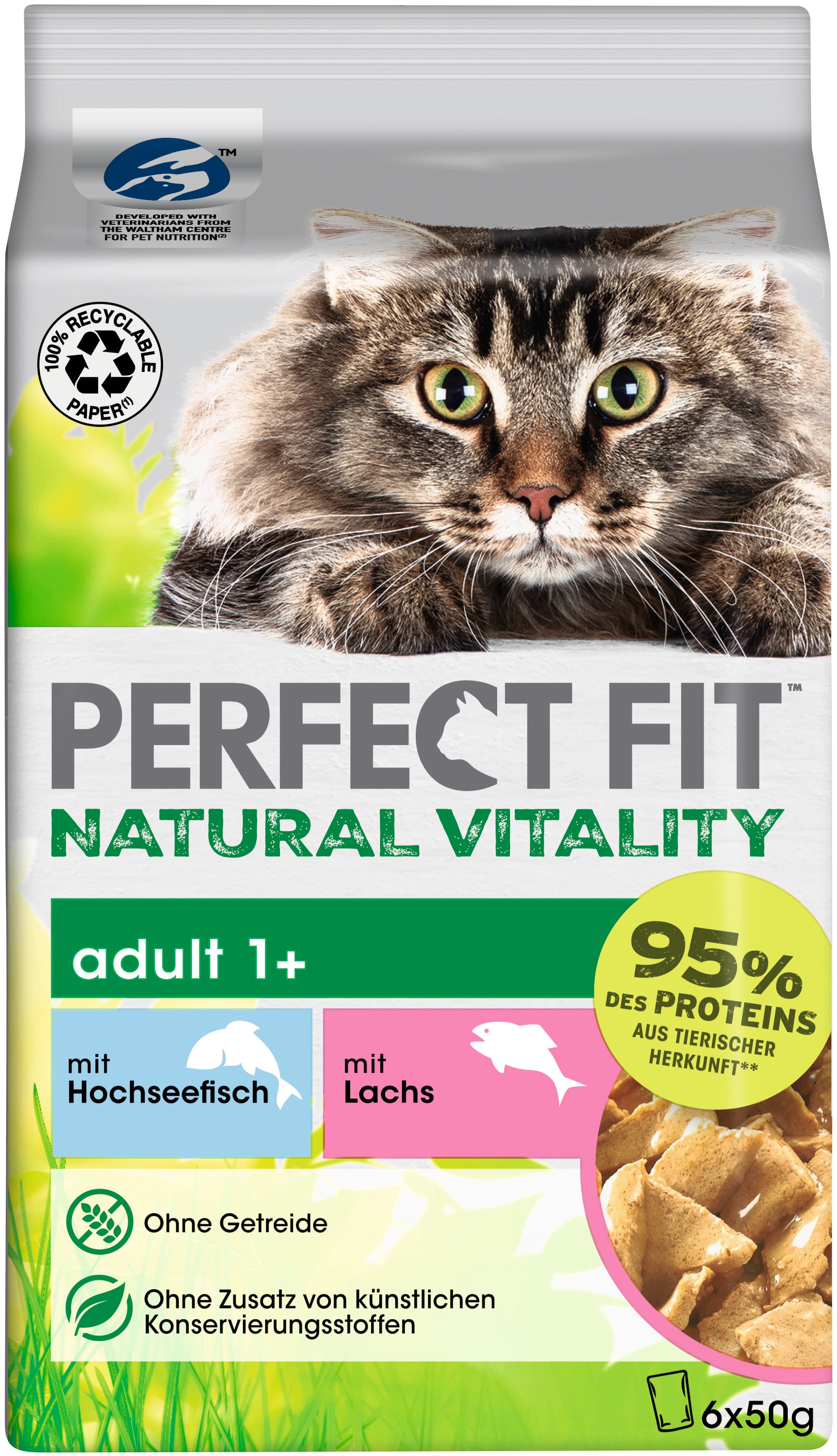PERFECT FIT™ Katze Portionsbeutel Natural Vitality Adult 1+ mit Hochseefisch und mit Lachs 6 x 50g Multipack
