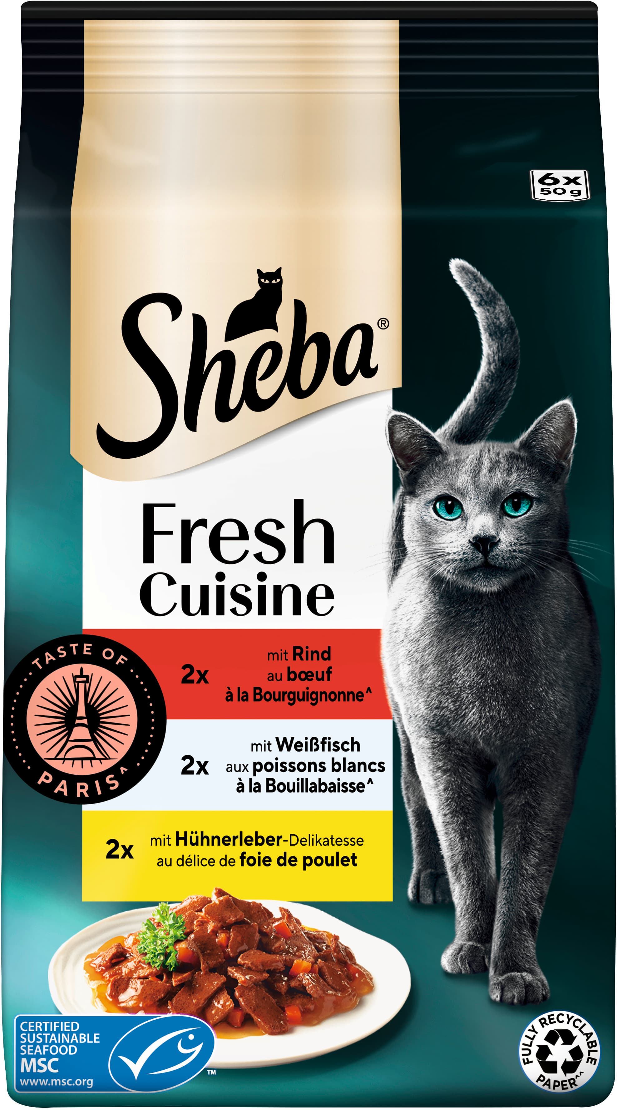 SHEBA® Fresh Cuisine Taste of Paris Multipack Rind, Weißfisch MSC & Hühnerleber