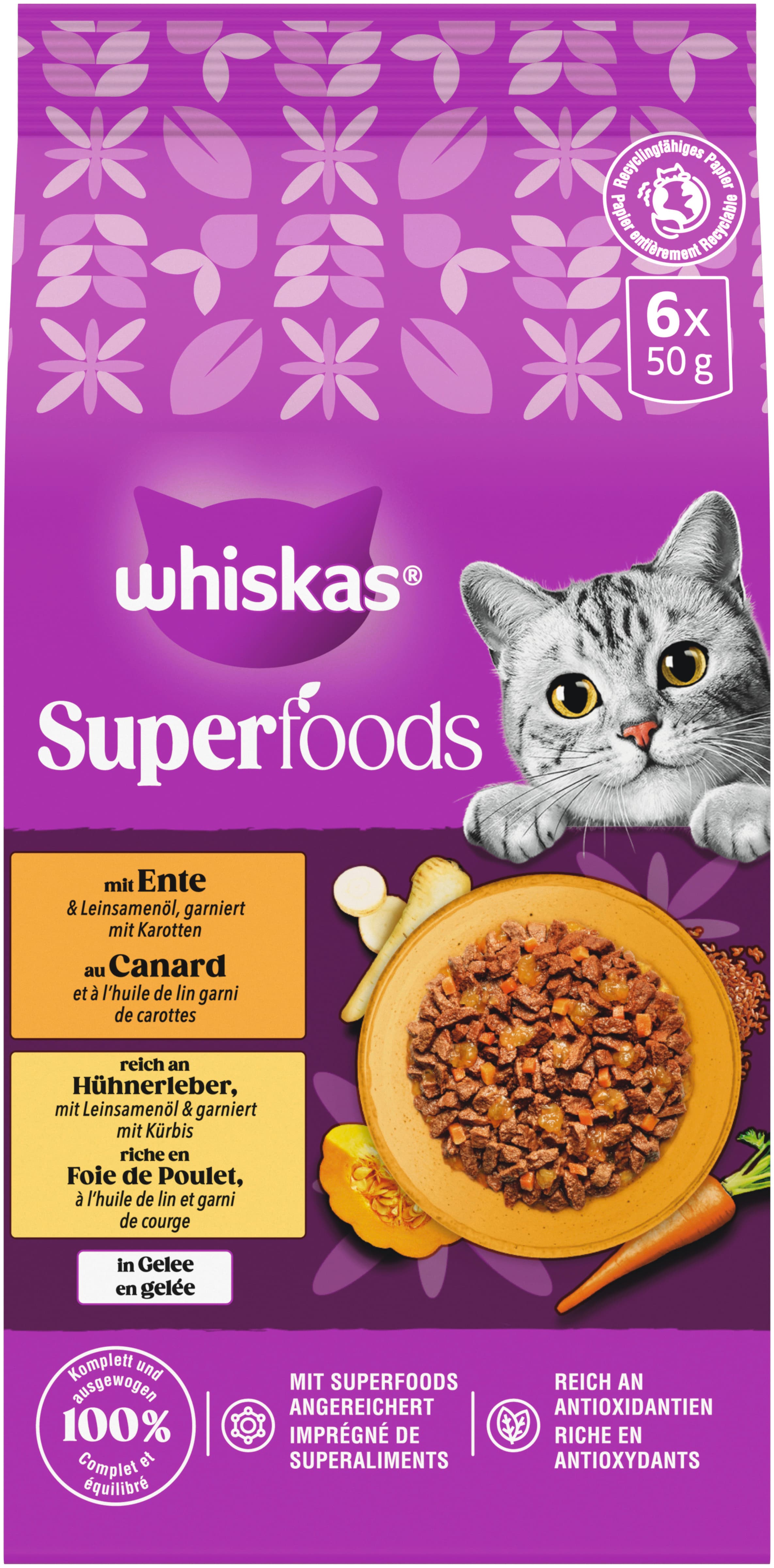 WHISKAS® Multipack Portionsbeutel Superfoods 2 Varietäten Ente & Karotten, Hühnerleber & Kürbis in Gelee