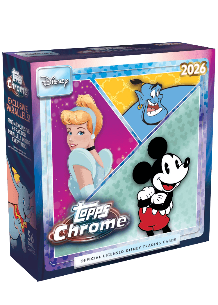 Topps Chrome Disney Mega Box 2026 Sammelkartenbox mit 56 Karten & 4 exklusiven X-Fractor Parallels
