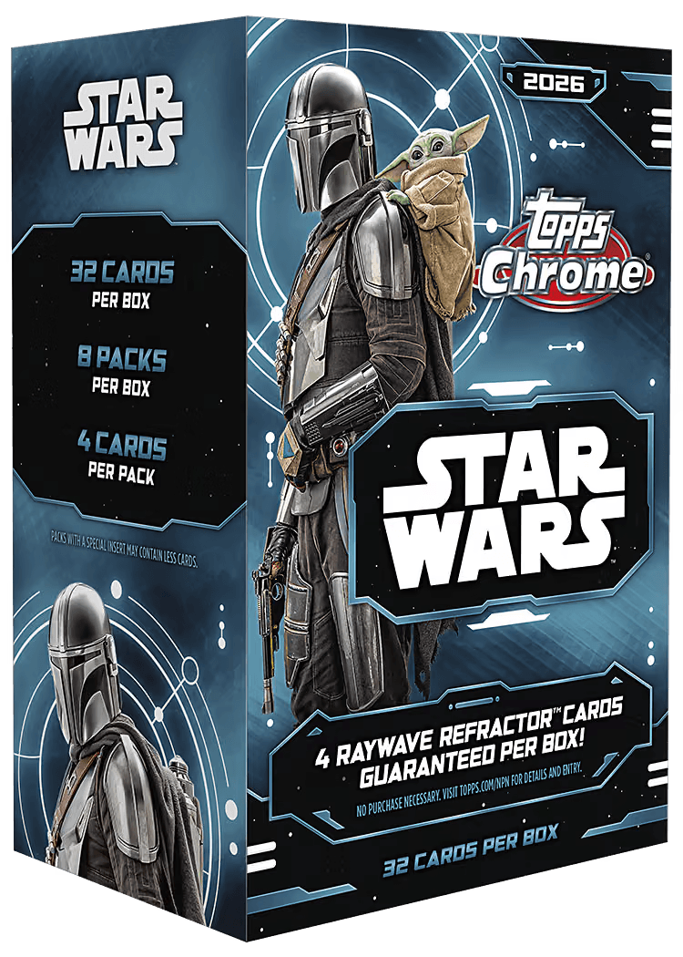 Topps Chrome Star Wars 2026 Value Box mit 32 Trading Cards und 4 RayWave Refractor Parallels