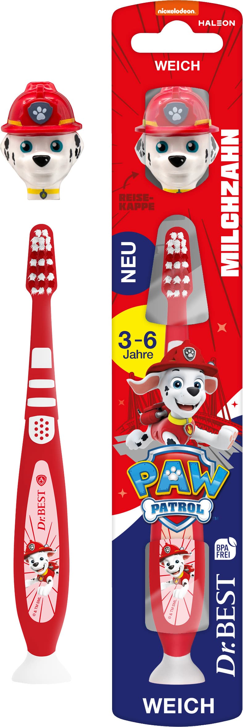 Dr.BEST Kinderzahnbürste Milchzahn Paw Patrol mit Reisekappe weich