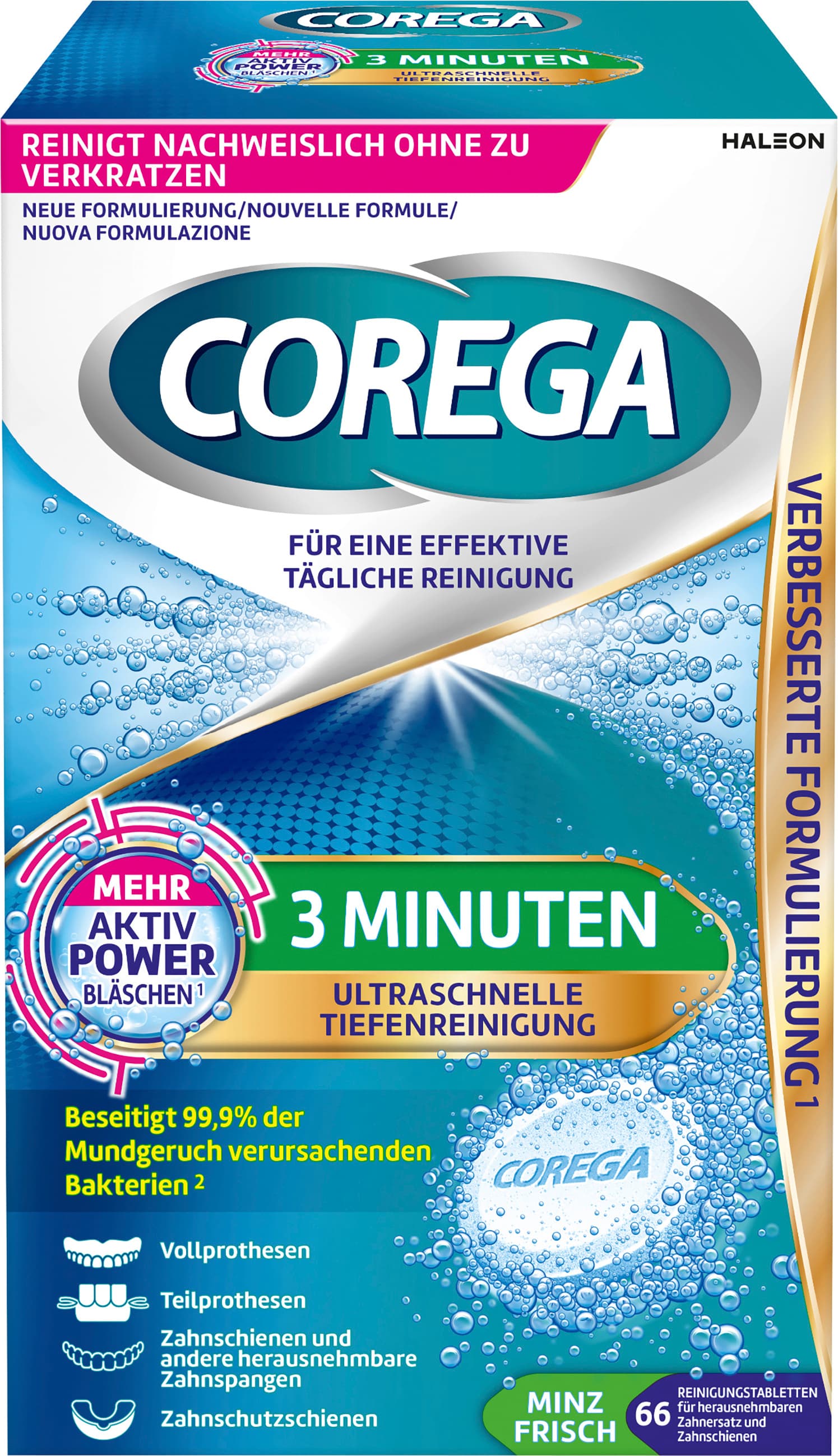 COREGA Intensiv 3 Minutos: Pastillas limpiadoras para dentaduras postizas y aparatos dentales