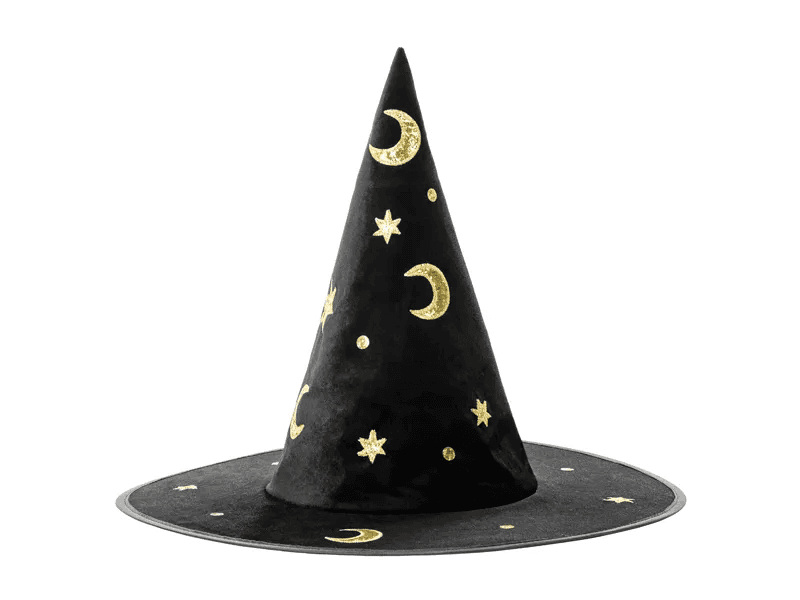 PartyDeco Hexenhut schwarz mit goldenen Sternen und Monden, Ø 42 cm