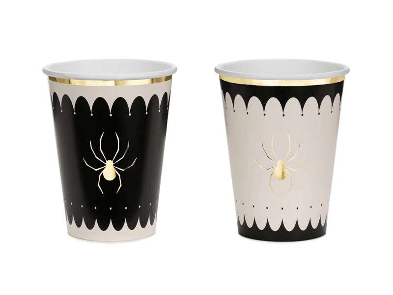 PartyDeco Pappbecher Spinne 400 ml, schwarz-beige-gold, 6 Stück