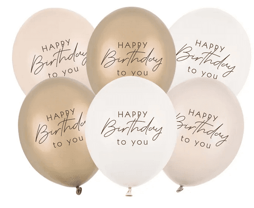 PartyDeco Latexballons Happy Birthday beige 30 cm 6 Stück