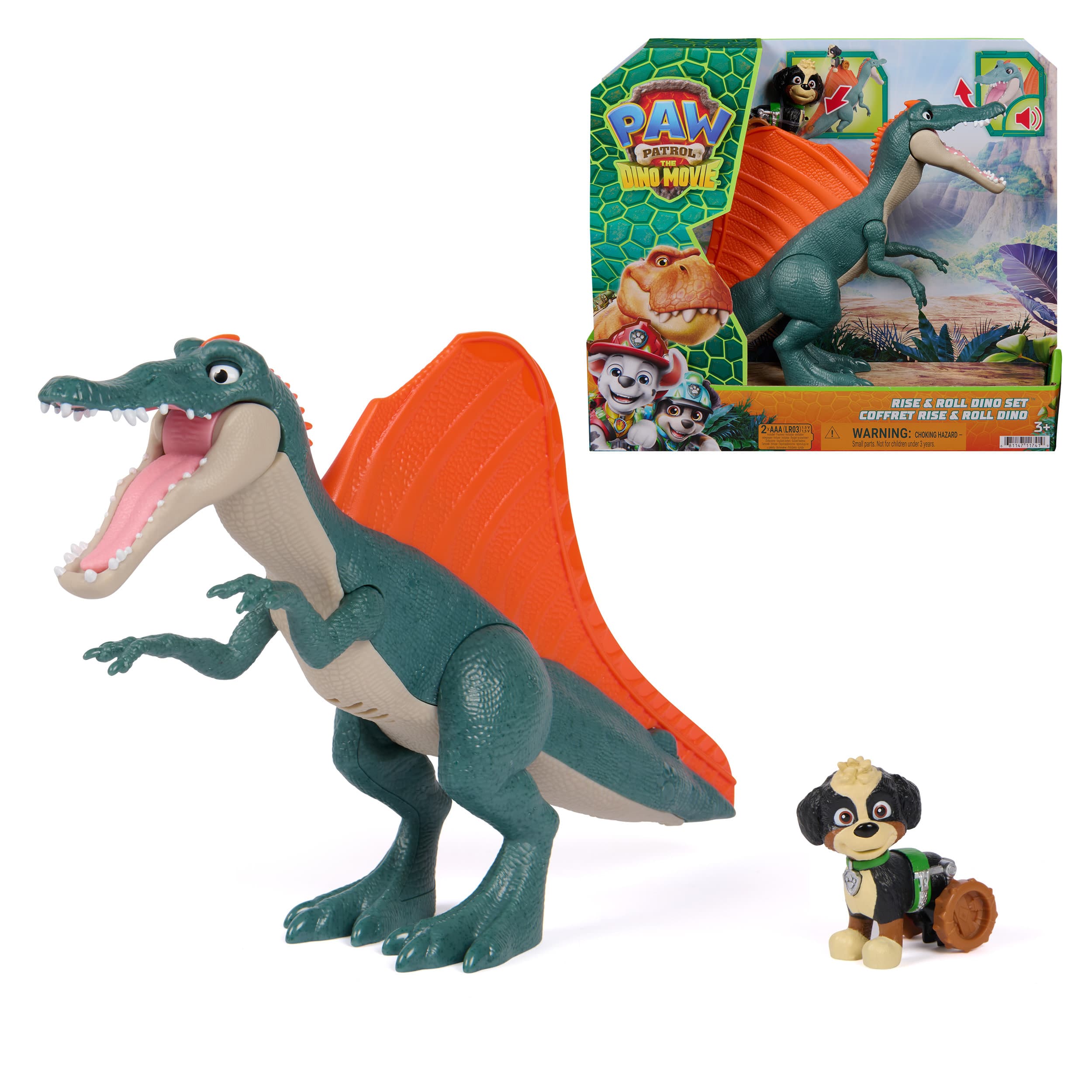 PAW Patrol: Der Dino Film, Rise & Roll Dino Set, Rex-Figur mit Spinosaurus-Dinofigur