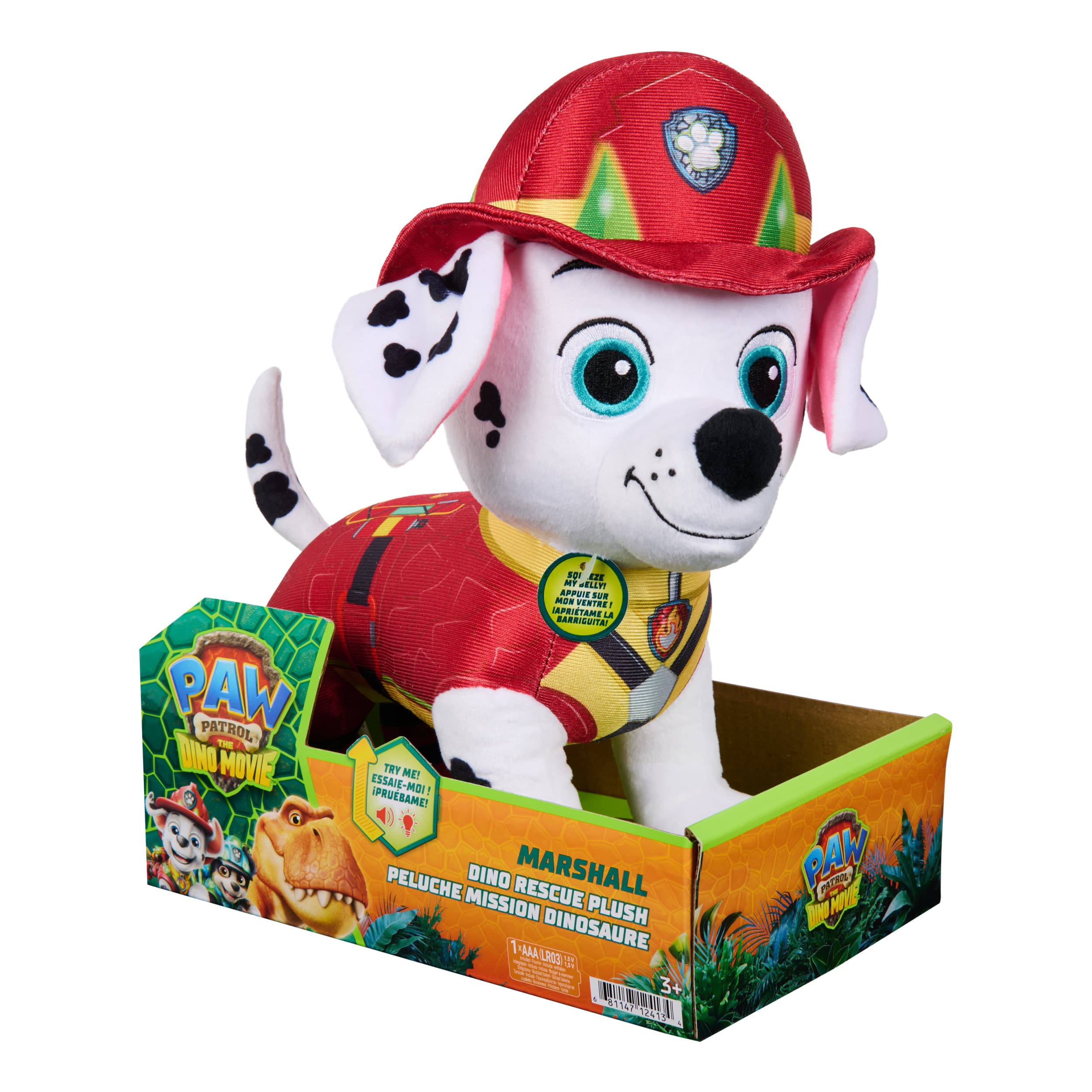 PAW Patrol: Der Dino Film, Marshall Dino-Rettungsplüsch, 25 cm, mit Geräuscheffekten