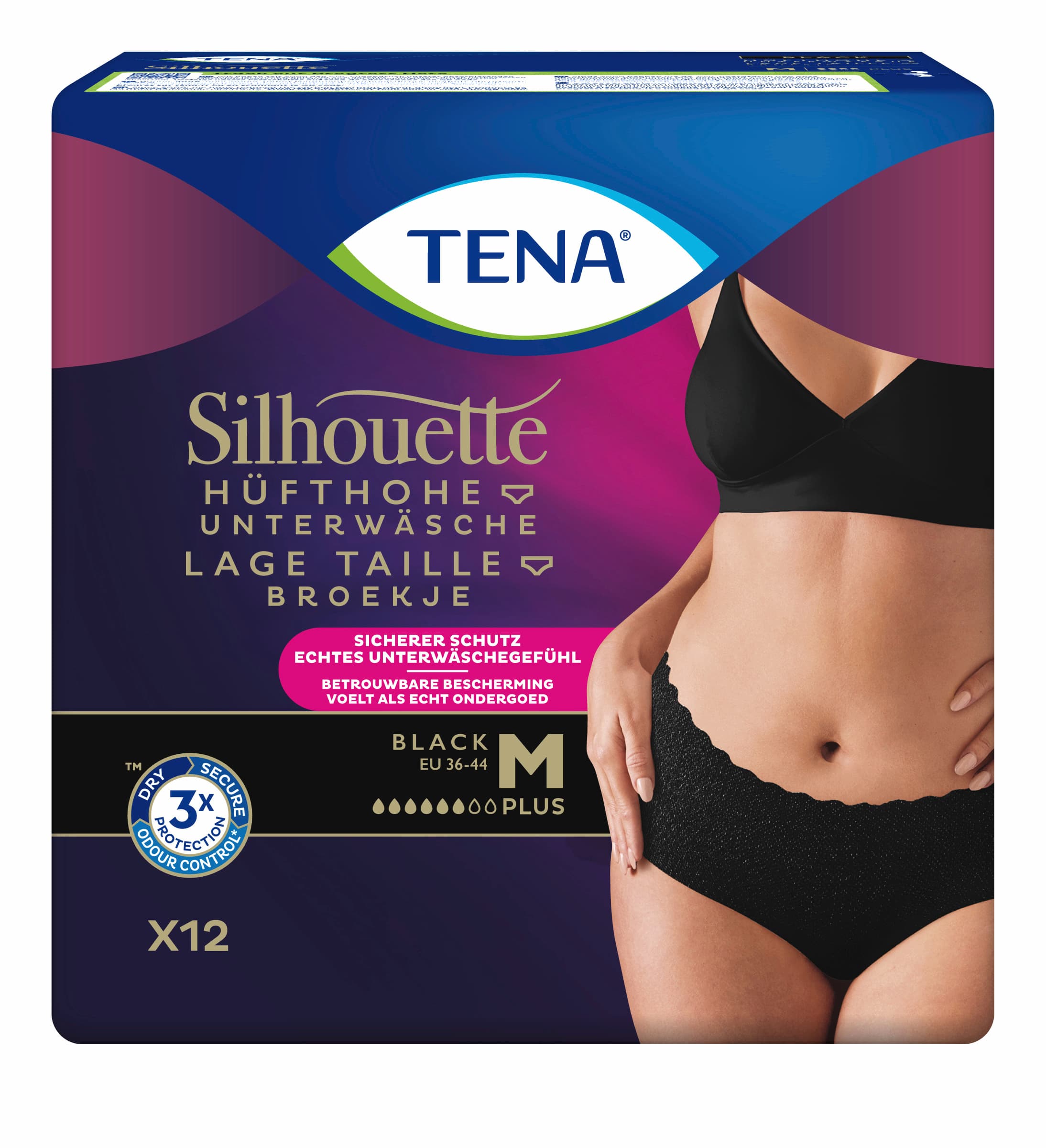 Tena Silhouette Hüfthohe Unterwäsche Plus Schwarz Gr. M