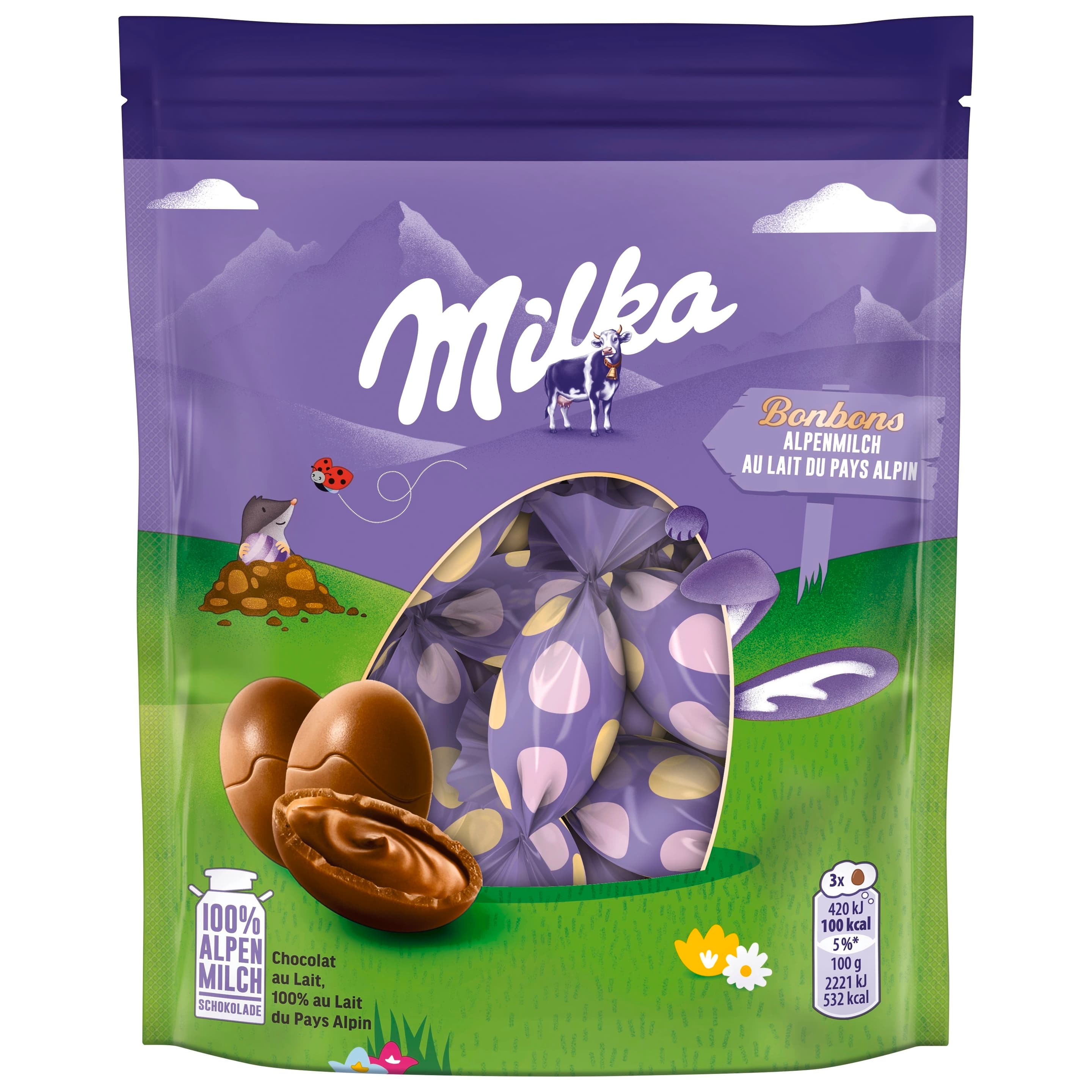 Huevos de chocolate Milka, caramelos de leche alpina