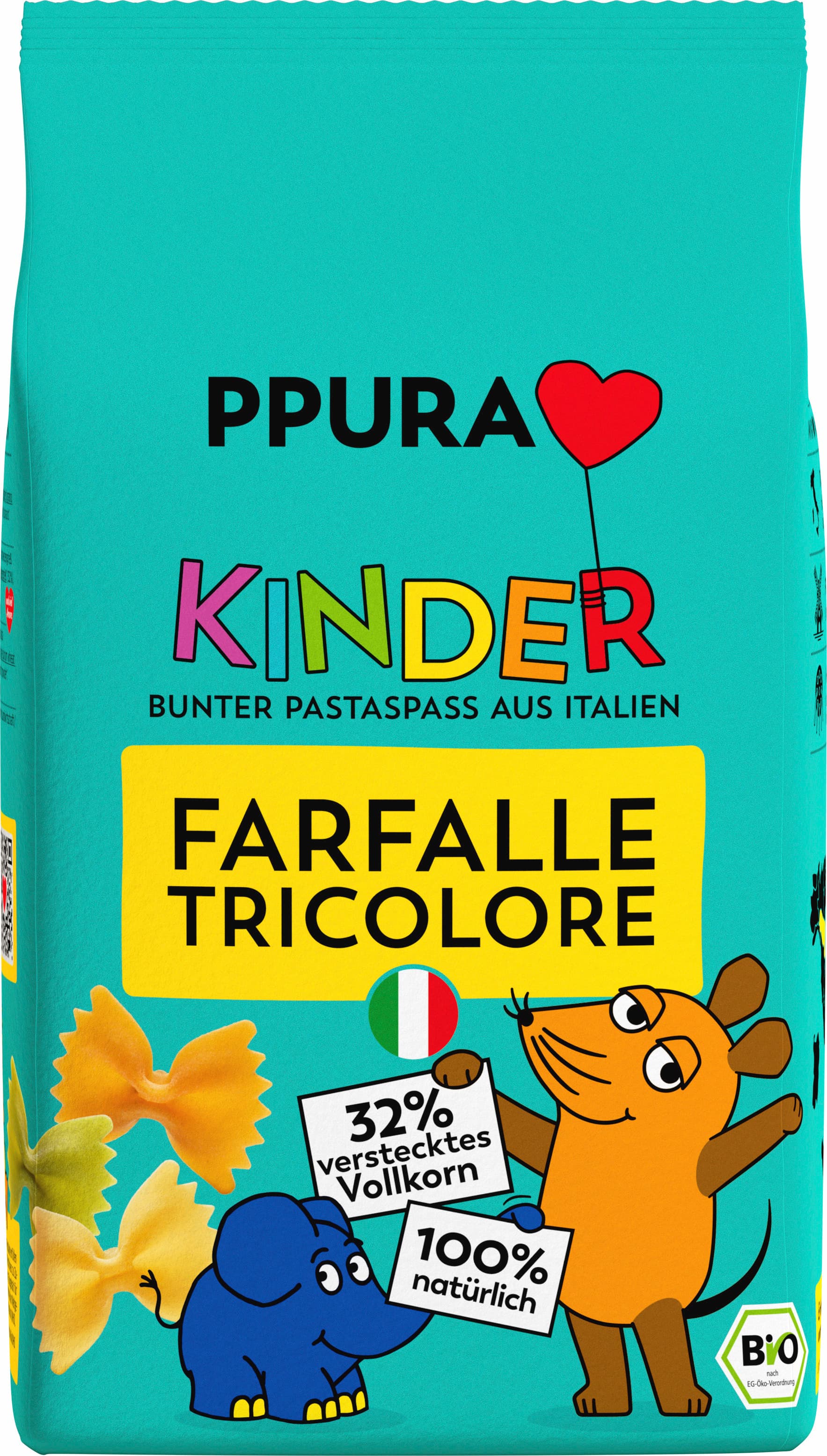 PPURA Bio Nudeln für Kinder Farfalle Tricolore, 100% natürlich