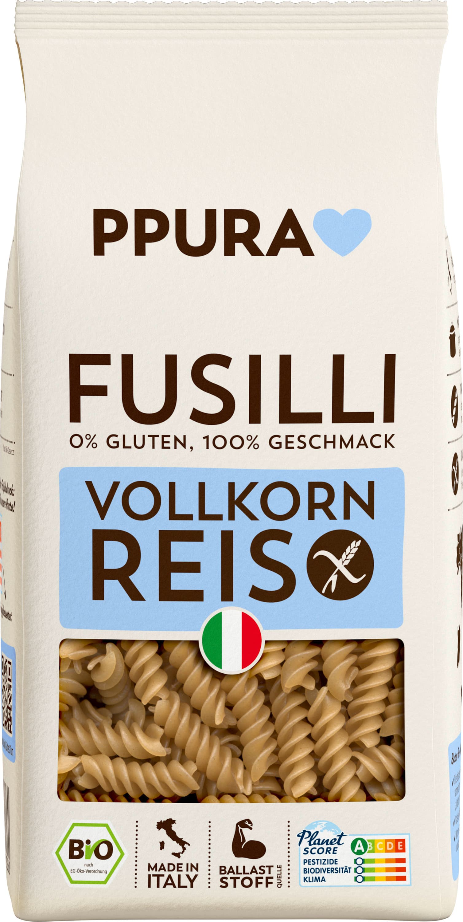 PPURA Bio Fusilli Vollkornreis glutenfrei, 100% natürlich
