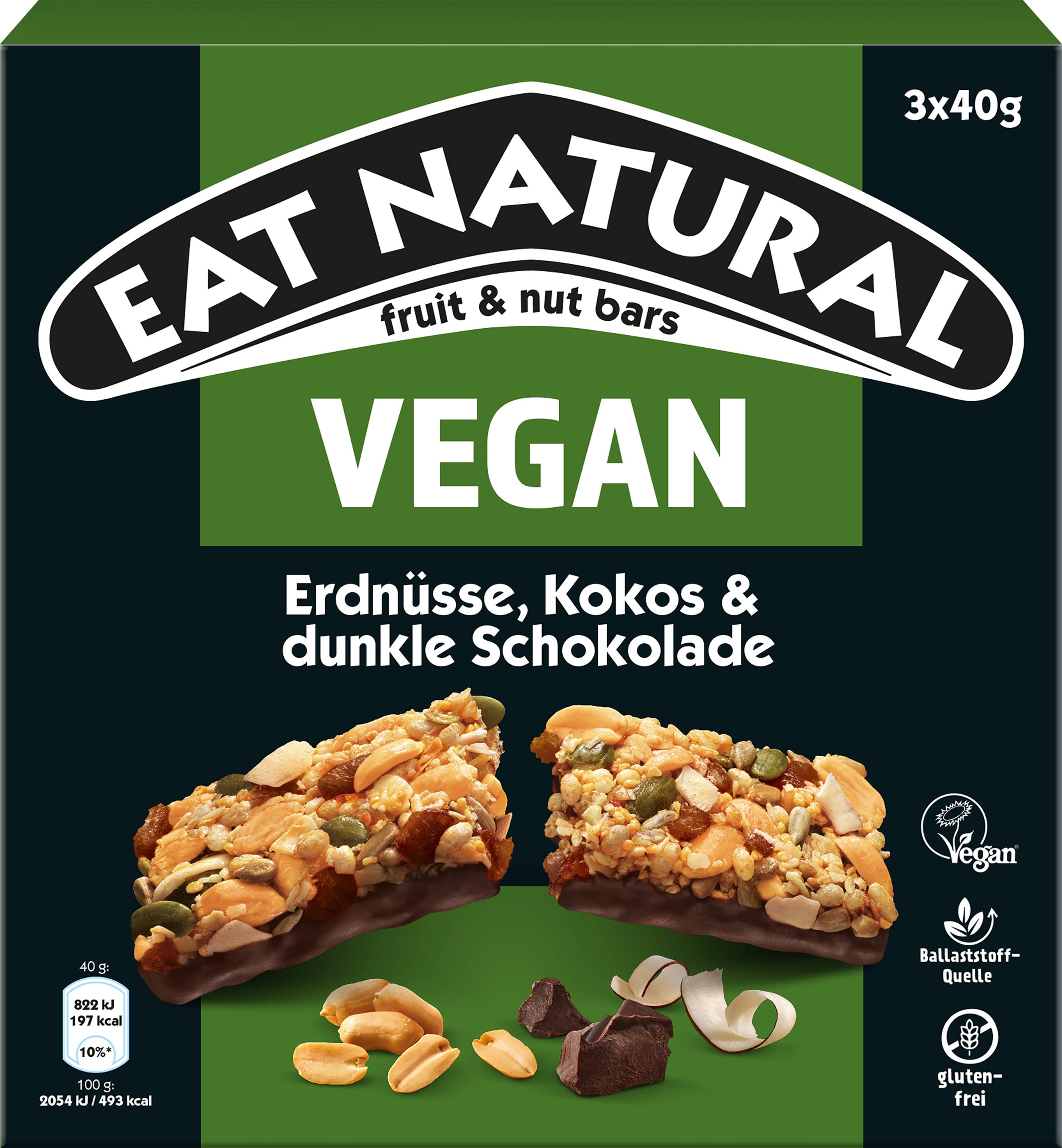 Eat Natural Müsliriegel Erdnuss, Kokos, dunkle Schokolade vegan