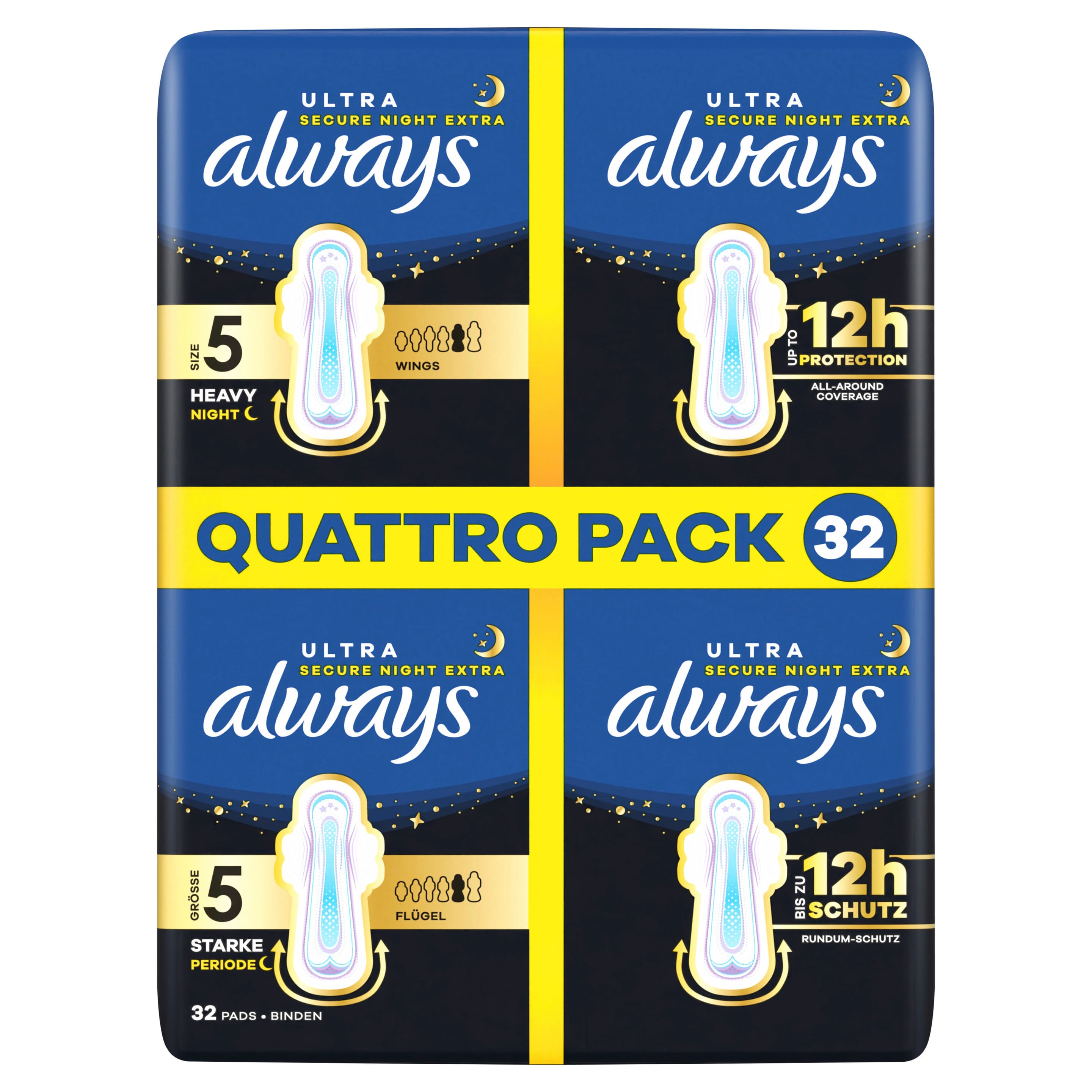 Always Ultra Damenbinden Größe 5 - Secure Night Extra mit Flügeln Quattropack 32