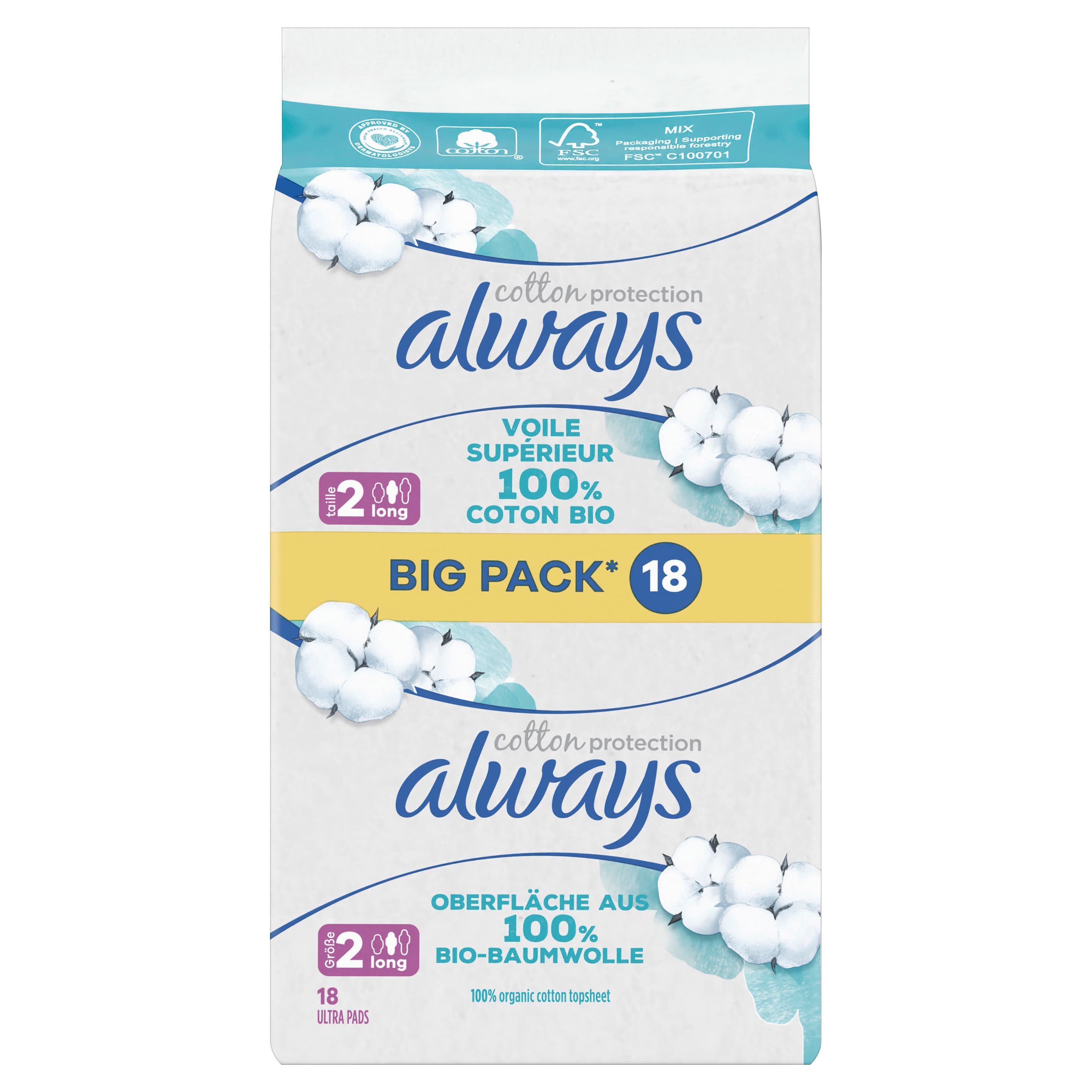 Always Ultra Damenbinden Cotton Protection Long mit Flügeln 18ST