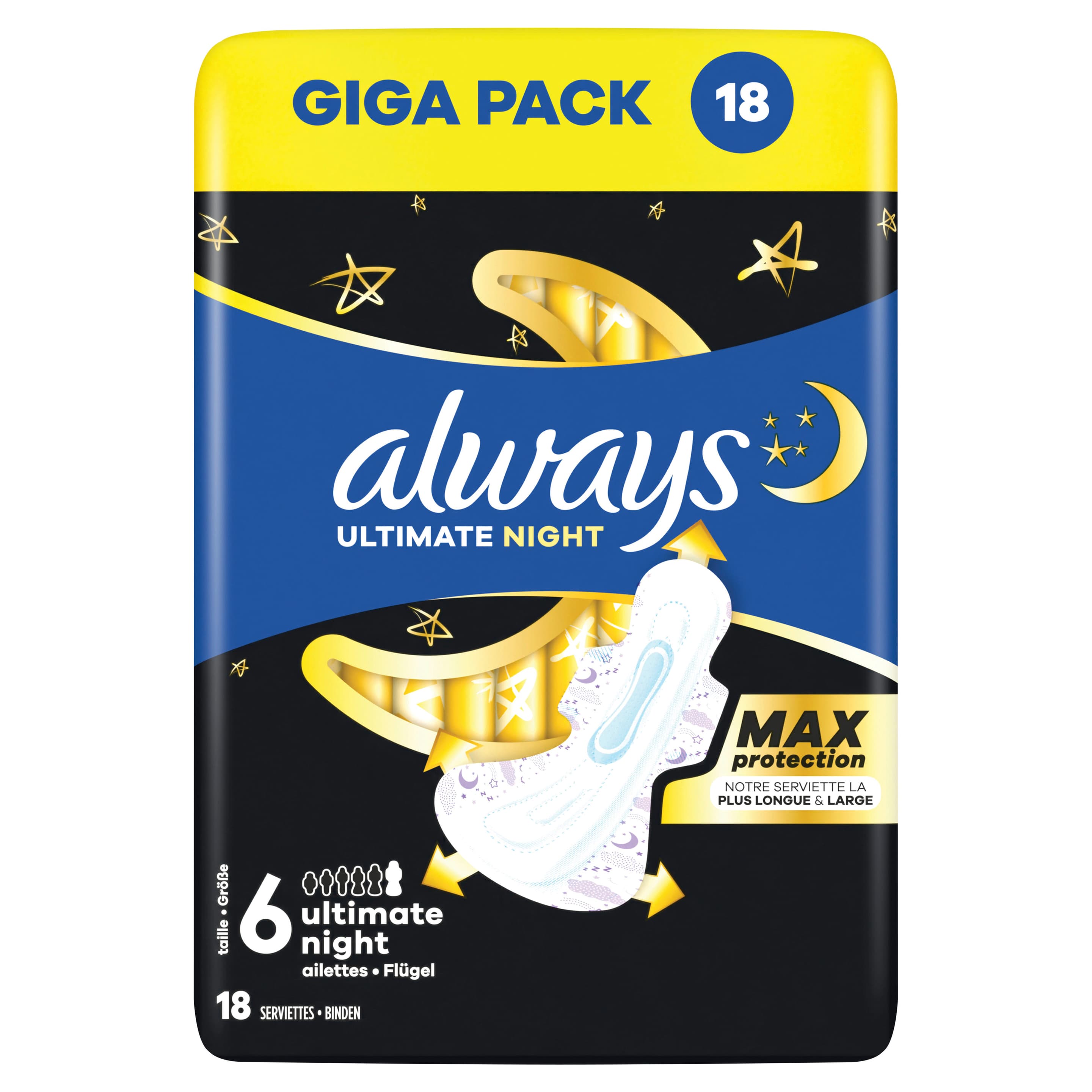 always Damenbinden Ultimate Night Max Protection mit Flügeln Monatspaket