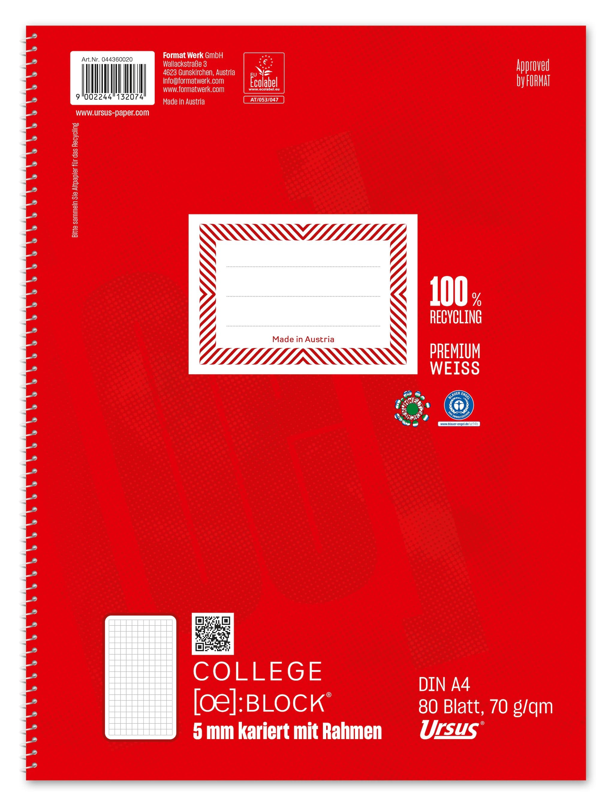 OE Collegeblock A4 80 Blatt 70g/m² 5mm kariert mit Rahmen 4-Loch