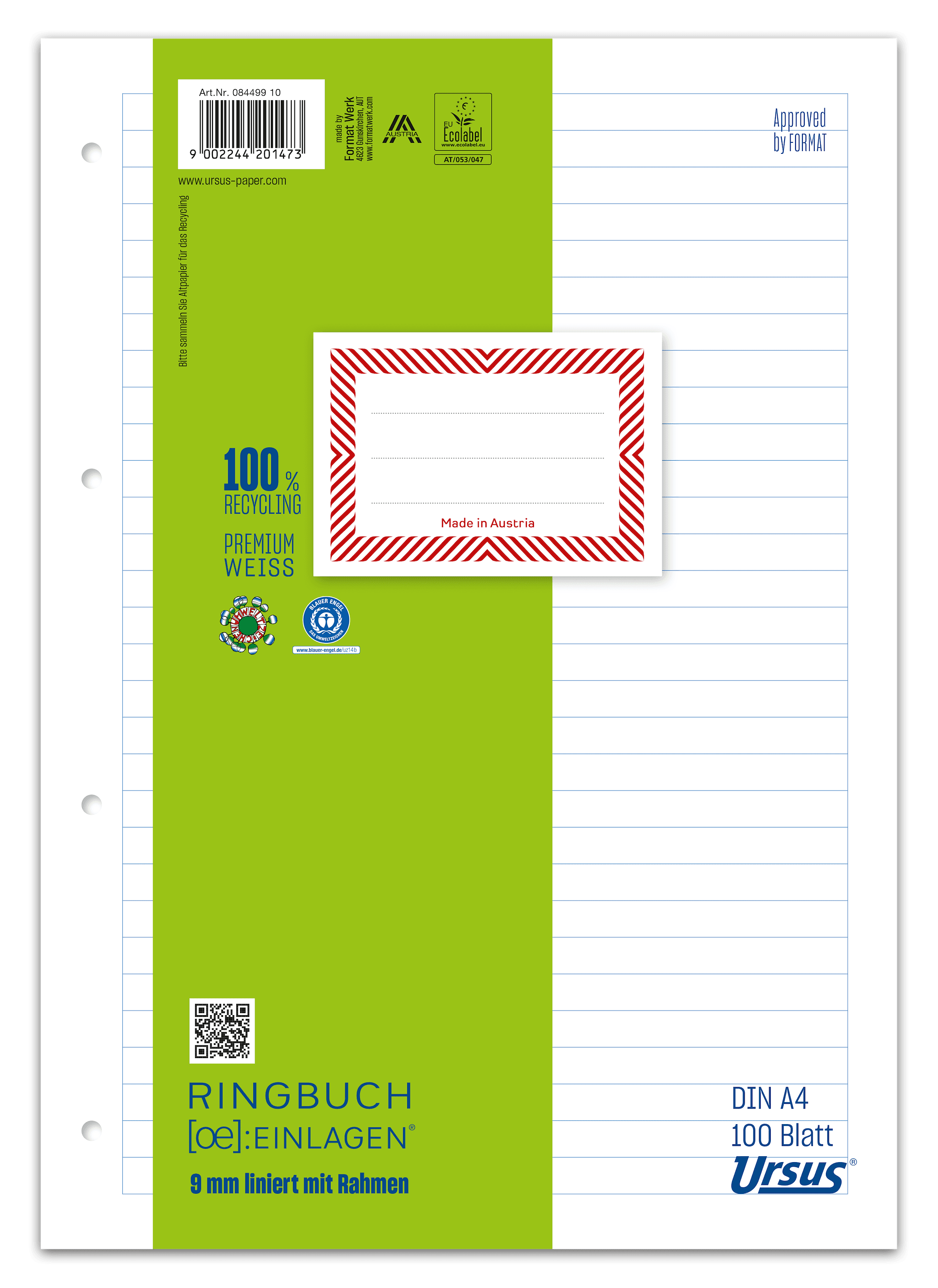 OE Ringbucheinlagen A4 100 Blatt 70g/m² 9mm liniert mit Rahmen 4-Loch