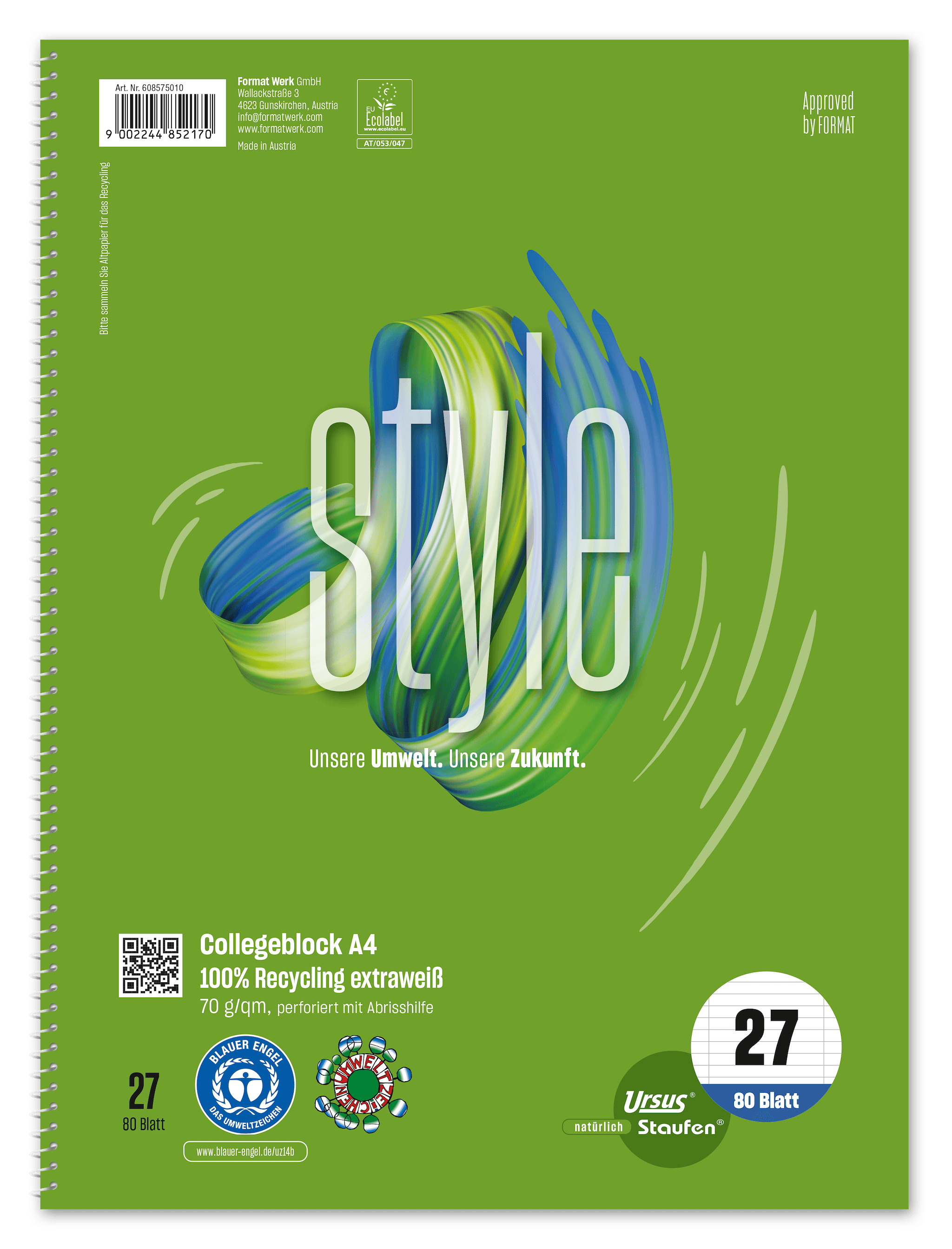 Ursus Green Collegeblock A4 Lineatur 27 80 Blatt