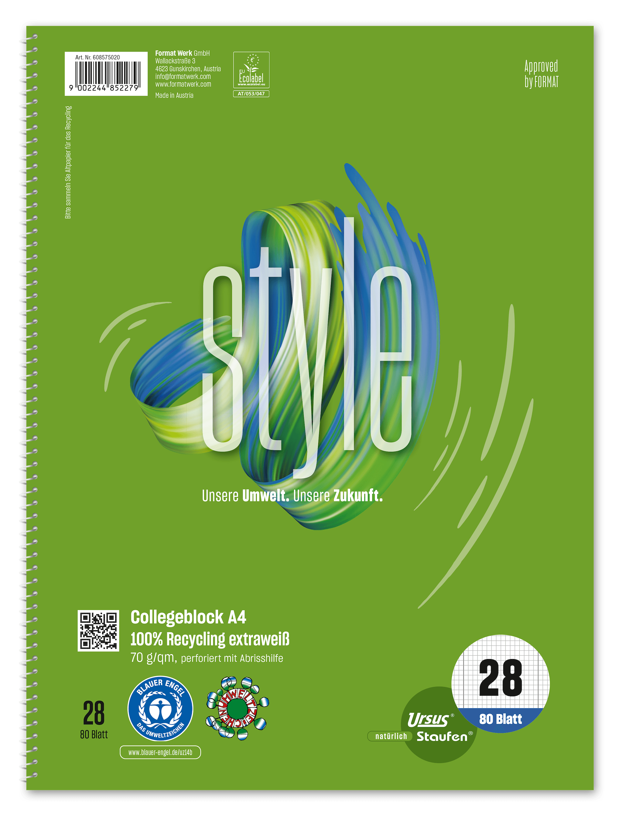 Ursus Green Collegeblock A4 Lineatur 28 80 Blatt