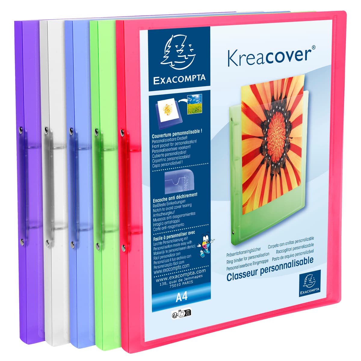 Exacompta 51941E Präsentationsringbuch KreaCover Kunststoffbezug außen und innen. 4 Ring-Mechanik DIN A4 Füllhöhe 20 mm ideal für Angebots- und