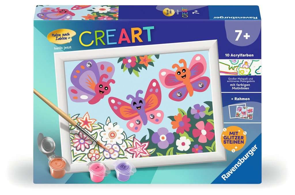 Ravensburger CreArt – Fröhliche Schmetterlinge – Malen Nach Zahlen Ab 7 Jahren – Komplettset Mit Rahmen, Pinsel & Acrylfarben – Inklusive Glitzer – Geschenk Für Mädchen Und Jungen