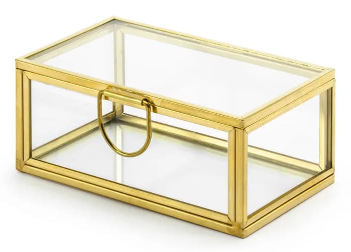 Glasbox, gold, 9x5,5x4cm, Box aus Glas mit Henkel und Metallrand